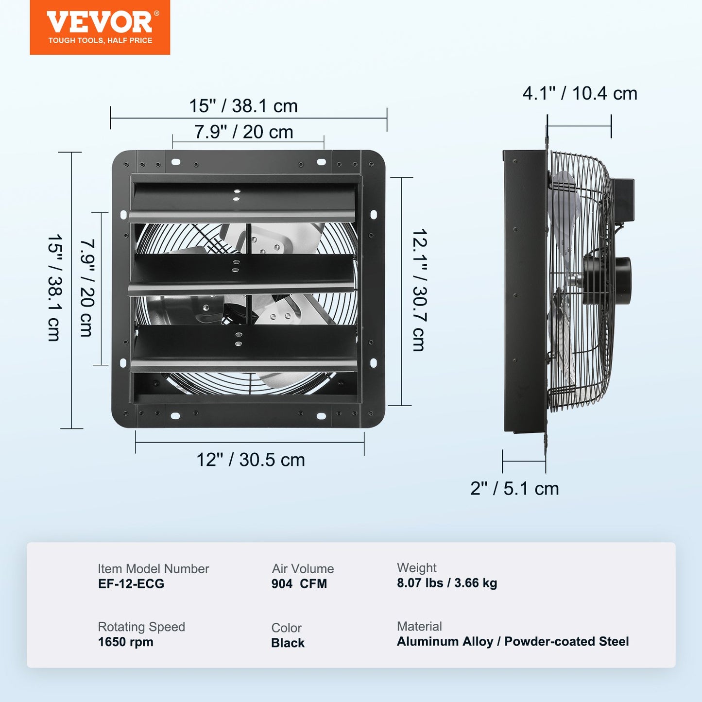 Fläkt med jalusi, 305 mm med temperatur- och fuktighetsregulator, EC-motor, 904 CFM, justerbar väggmonterad vindsfläkt med variabel hastighet, ventilation och kylning för växthus, garage, skjul