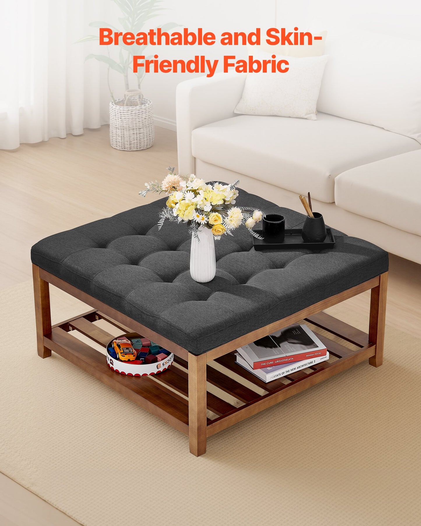 Large Square Ottoman Coffee Table, 34.5 Inch Tufted Coffee Table with Solid Wood Shelf Storage, Linen Solid Upholstered Footrest Ottoman for Bedroom Living Room, 400 LBS, Dark Gray