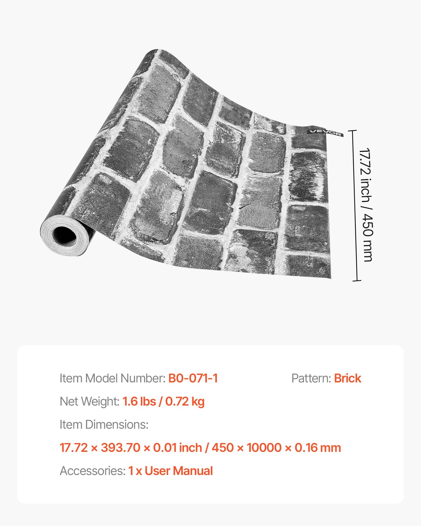 Självhäftande tapet, 45 cm x 10 m, grå tegel, vattentät, självhäftande, lätt att rengöra och dra av, väggdekorativ vinylrulle för sovrum, kök, kontor, badrum, skrivbord