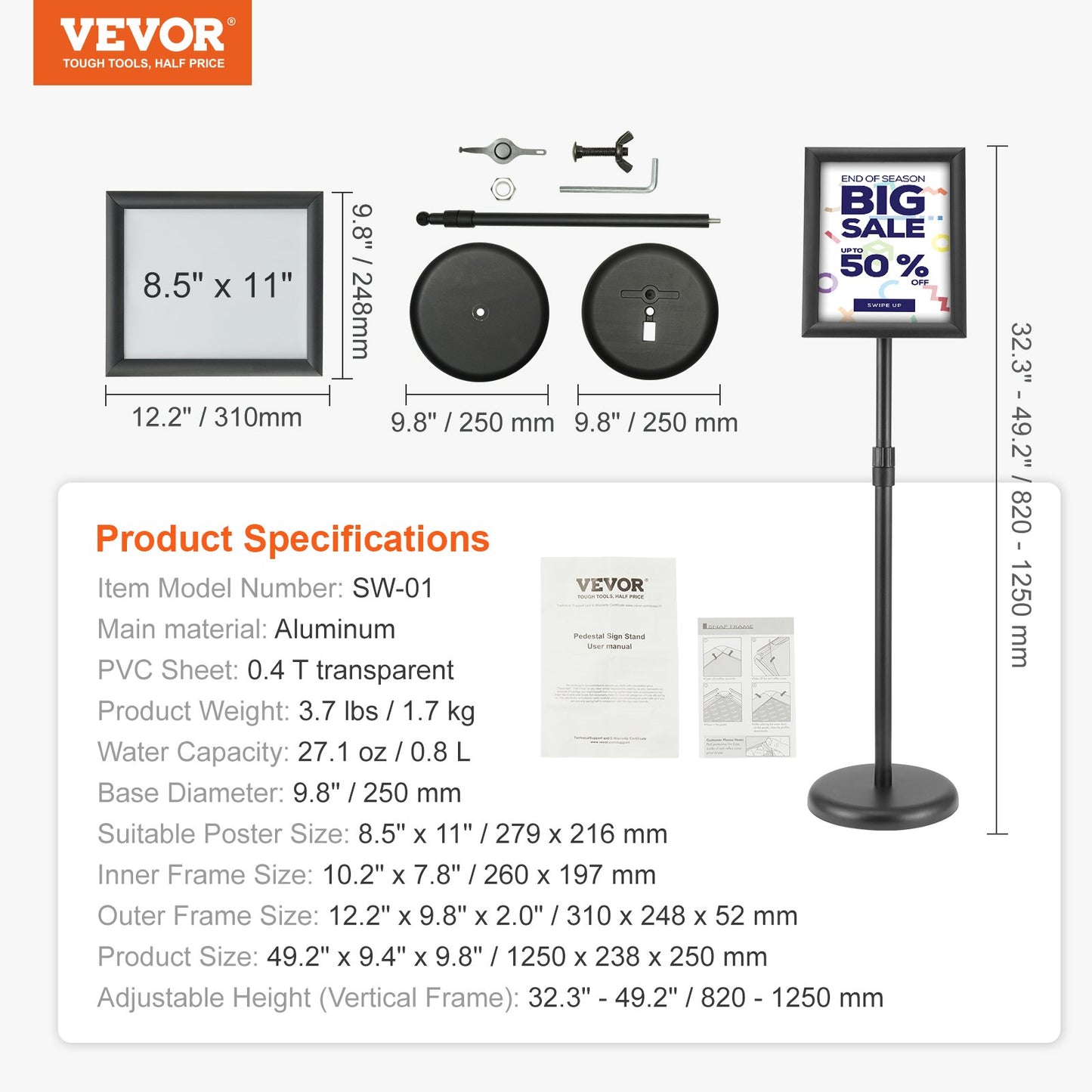 Pedestal Sign Holder, 8.5 x 11 Inch Vertical and Horizontal Adjustable Poster Stand, Heavy-Duty Floor Standing Sign Holder with Round Base for Display, Advertisement, and Outdoor, Black