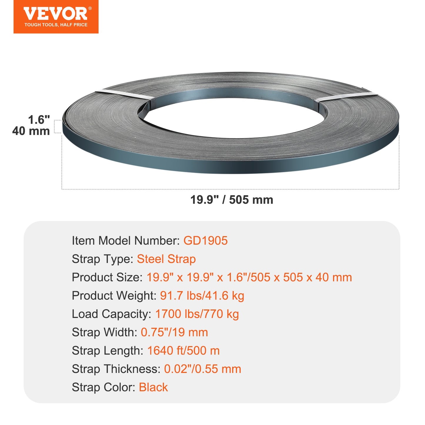 Förpackningsband i stål, 1640 fot längd x 3/4" bredd x 0,02" tjocklek, 1700 lbs brottstyrka, kraftig bandning av pallband, bärbara starka bandningsband i metall, svarta