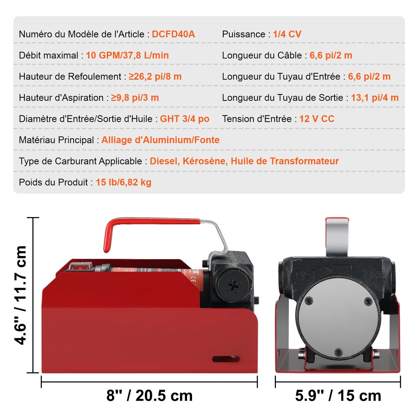Bränsleöverföringspump, 12V DC 37,9 LPM 798,6 cm lyft, bärbar elektrisk dieselöverföringspump med automatisk avstängningsmunstycke, tryck- och sugslang för diesel, fotogen, transformatorolja