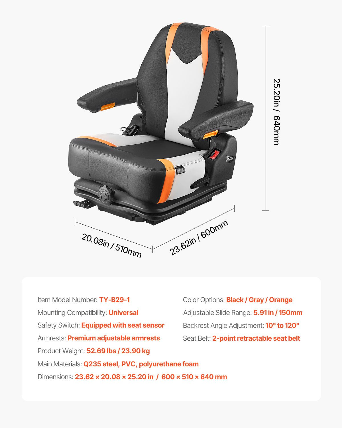 Universellt gaffeltrucksäte, fjädrande traktorsäte med justerbart ryggstöd, armstöd och säkerhetsbälte, säkert nedfällbart traktorsäte med mikrobrytare, gräsklipparsäte för kompaktlastare, bulldozer