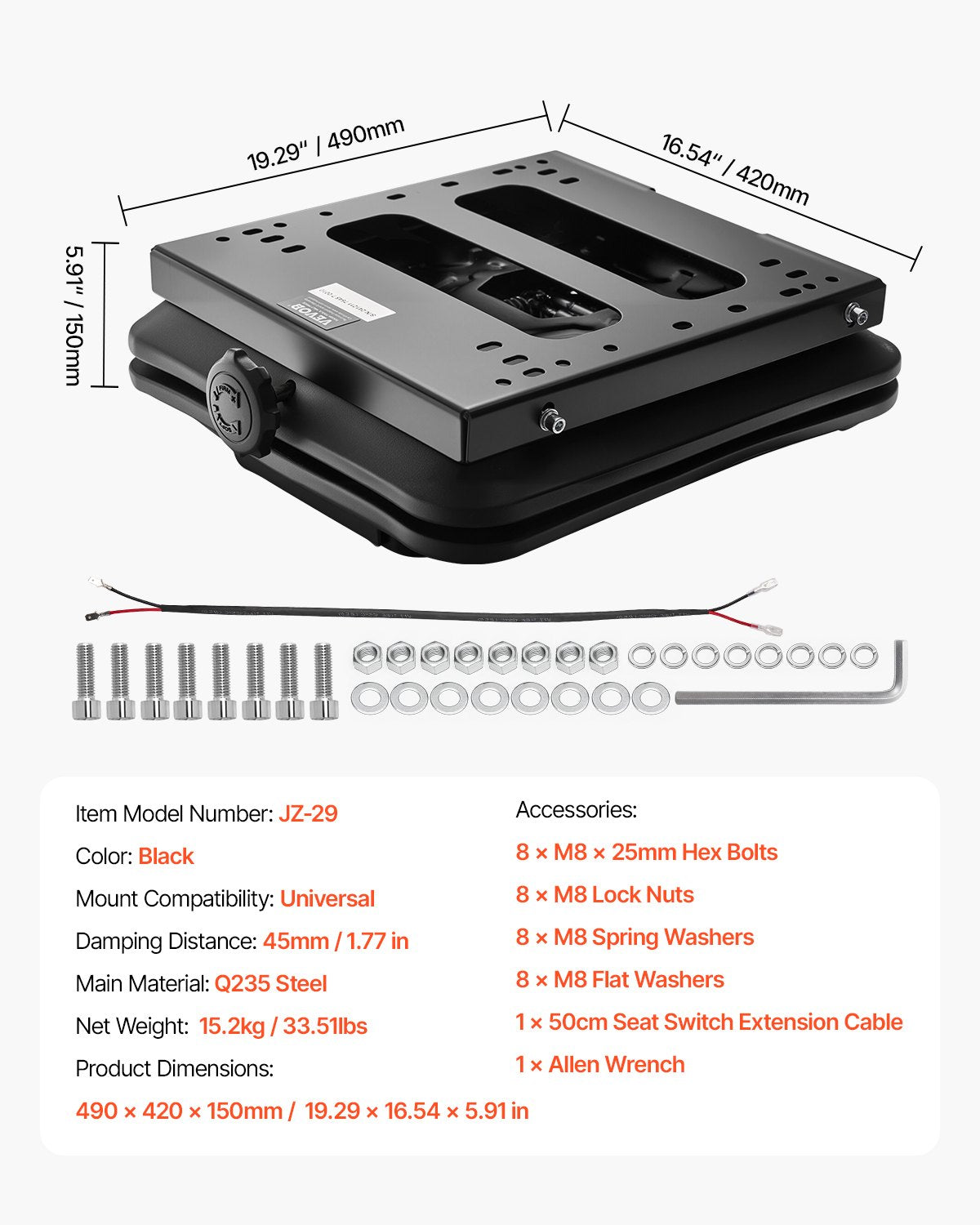 Sätesfjädringskit utan sätesspår, universell luftfjädring för nollsvängsgräsklippare, med dammskydd, dragkroksätesfjädringskit för gaffeltruckar, bulldozrar