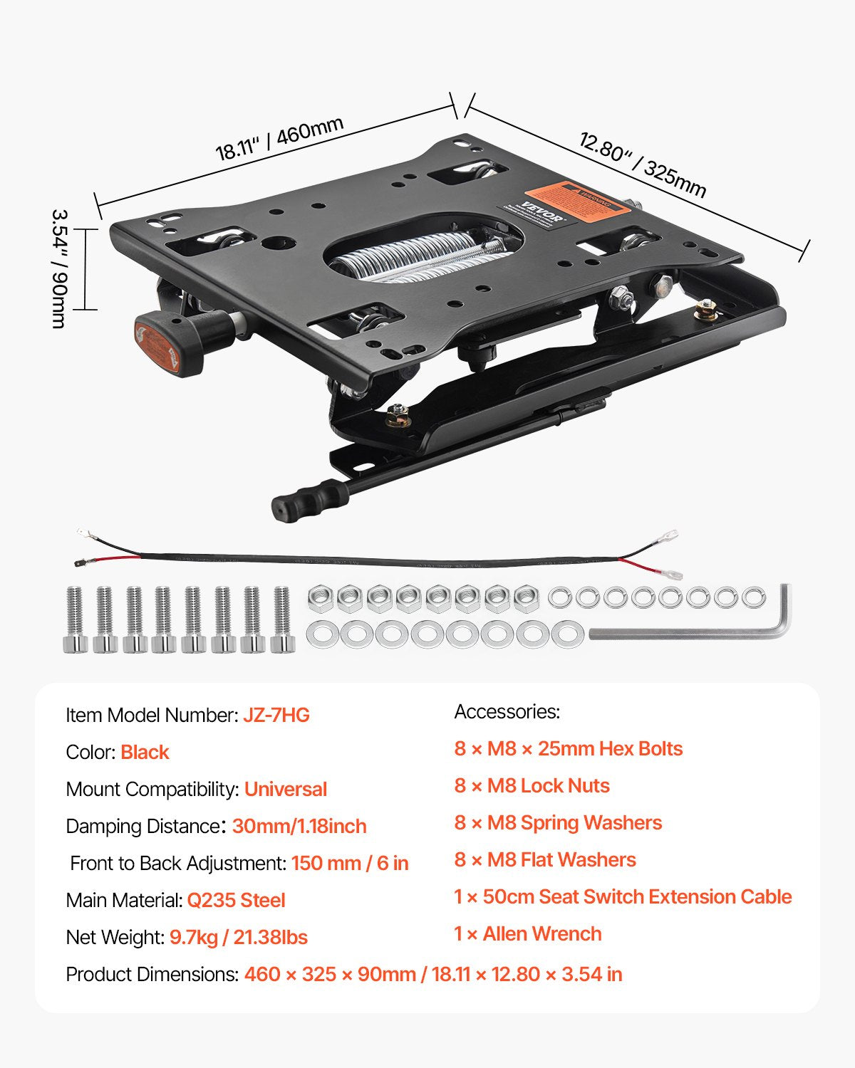 Sätesfjädringskit med sätesspår, universell luftfjädring för nollsvängsgräsklippare, 15 cm justerbar fram-till-bak-position, traktorsätesfjädringskit för gaffeltruckar, bulldozrar