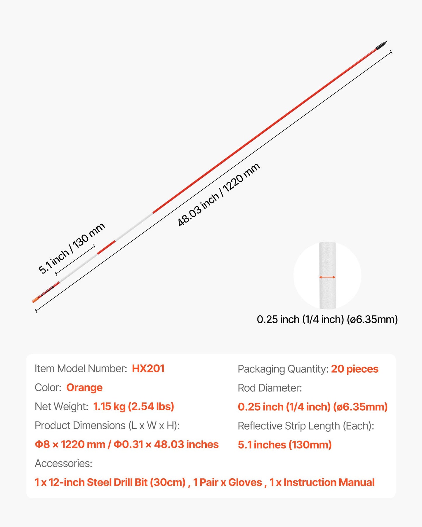 Uppfartsmarkörer, 20 st. 122 cm långa, 6,35 mm diameter, hög synlighet för uppfarten med 12-tums stålborrar, reflekterande snöpinnar, glasfiberstång för parkeringsplatser, gångvägar, snöröjning