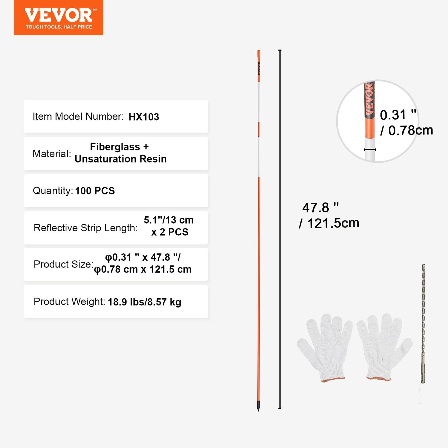 Driveway Markers, 100PCS 122 cm, 0.79 cm Diameter, Orange Fiberglass Poles Snow Stakes with Reflective Tape, 30.48 cm Steel Drill Bit & Protection Gloves for Parking Lots, Walkways Easy Visibility