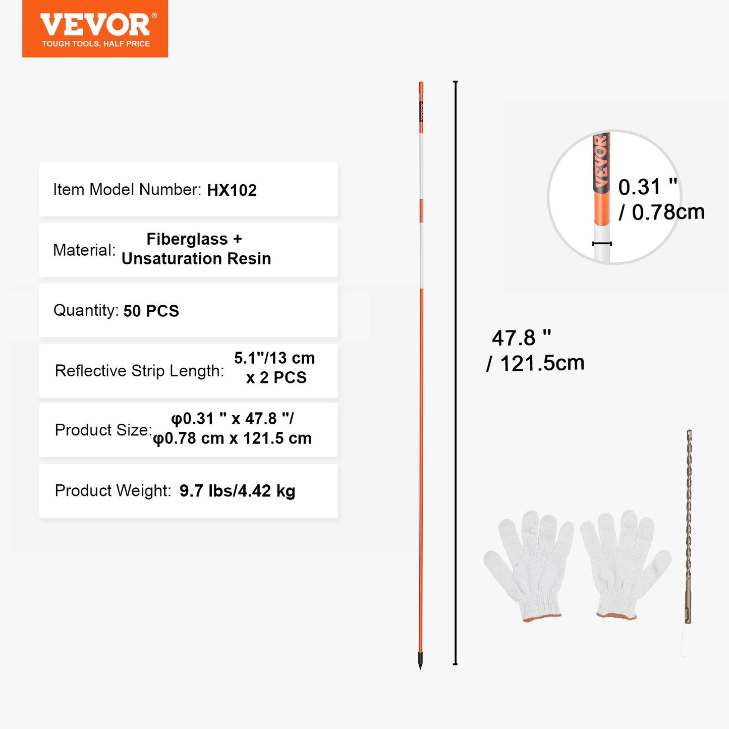 Driveway Markers, 50 PCS 122 cm, 0.79 cm Diameter, Orange Fiberglass Poles Snow Stakes with Reflective Tape, 30.48 cm Steel Drill Bit & Protection Gloves for Parking Lots, Walkways Easy Visibility