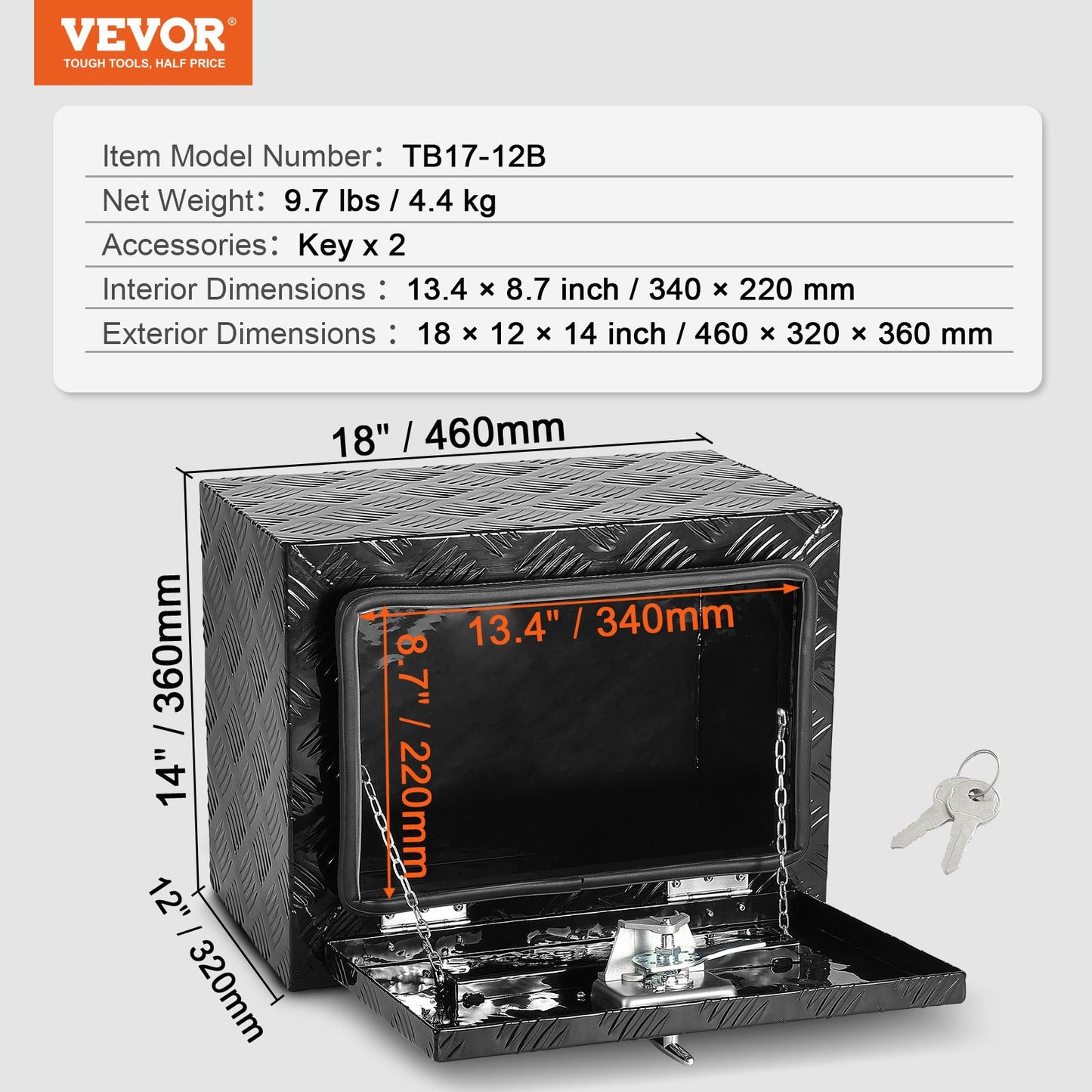 Verktygslåda i aluminium för lastbil undertill, 45,7x30,5x35,6 cm, verktygsförvaring för husvagn/husvagn