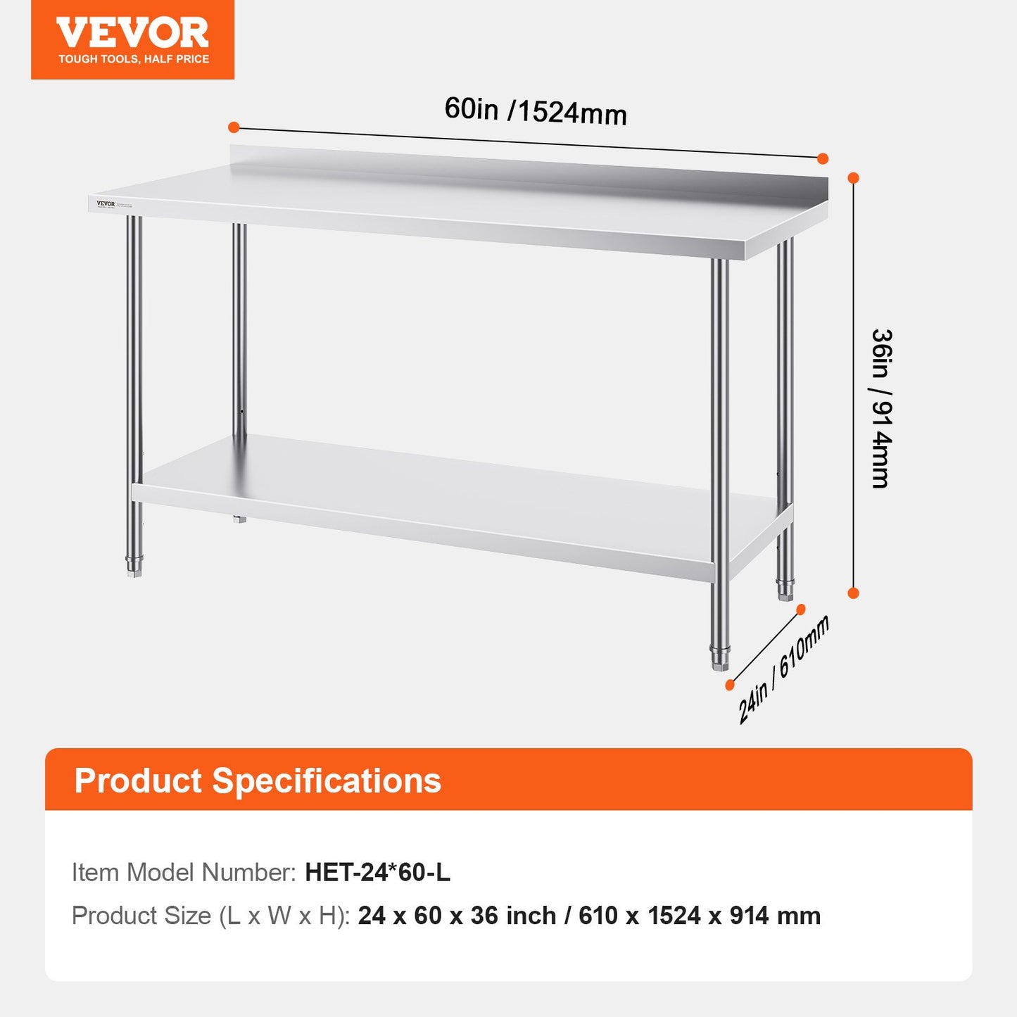 24 x 60 x 36 tums arbetsbord i rostfritt stål, kommersiellt arbetsbord för matlagning, kraftigt arbetsbord för matlagning, arbetsbord i metall med justerbar höjd för restaurang, hem och hotell