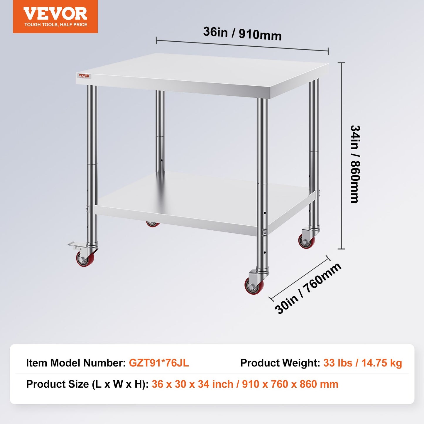 Rostfritt stål cateringbord 30x36 tums kommersiellt köksbord med 4 hjul kommersiell arbetsbänk för matlagning med flexibel justeringshylla för köksbord