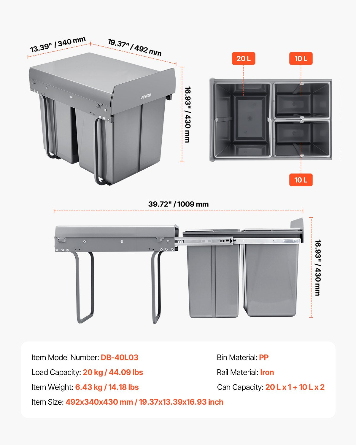 Utdragbar papperskorg för köksskåp, 20+10+10L dubbel soptunna för återvinning under diskho, undermonterad avfallsbehållare, med kraftigt metallutdragbart glidsystem och handtag