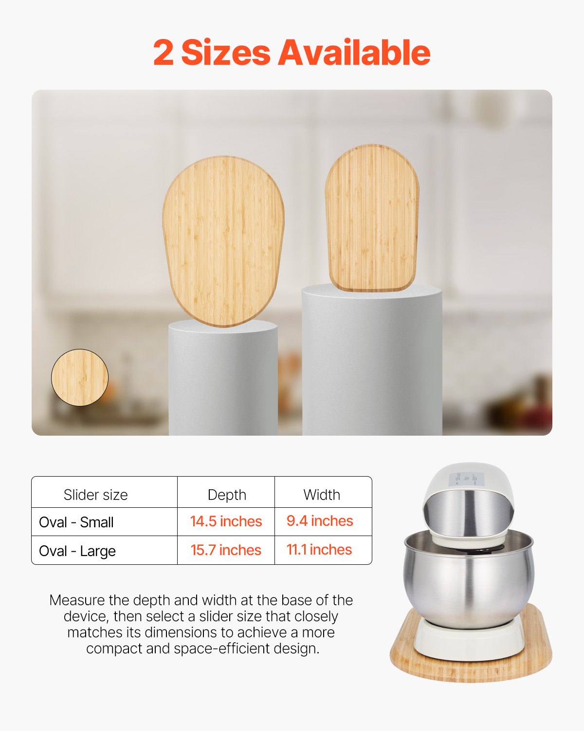 Mixerreglage, oval 14,5 x 9,4 tum, apparatreglage kompatibel med tiltbart huvud 4,5-5 Qt köksmaskin, PTFE-fötter, förvaringsbricka för köksbänkskiva, naturligt trä