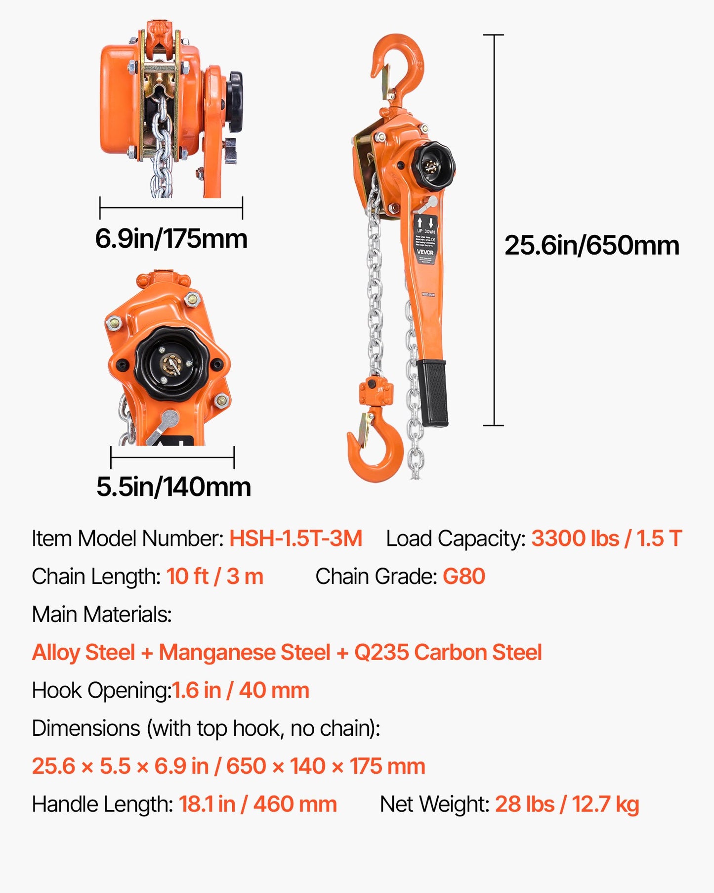 Manual Lever Chain Hoist, 1-1/2T 1500KG Capacity Heavy Duty Come Along, 3M Lift G80 Alloy Steel Chain With Dual Pawl Mechanical Brake, 360° Rotating Hooks, for Warehouse Construction Garage