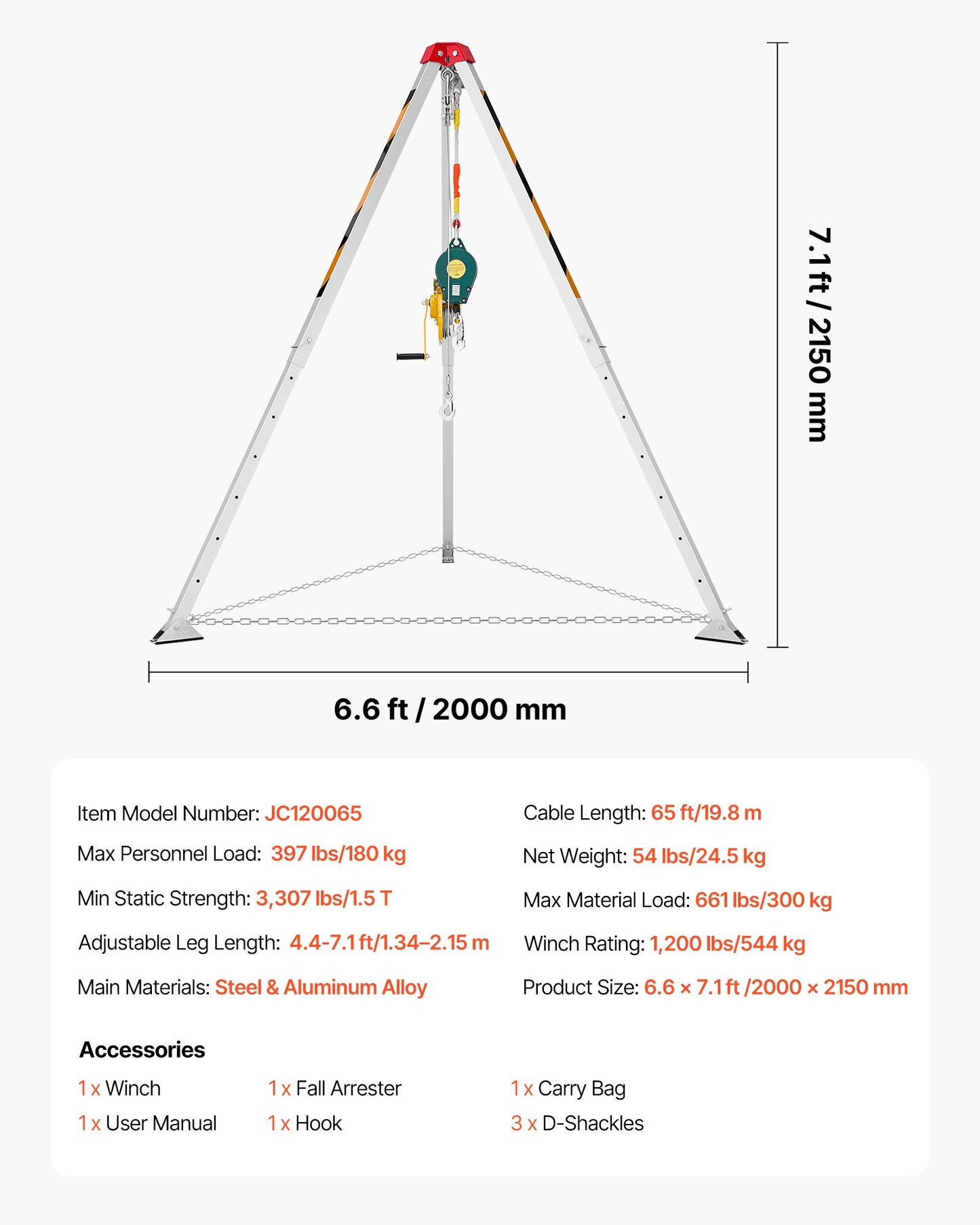 Confined Space Tripod Kit, Heavy Duty Rescue Tripod Lifting Hoist 544 kg Winch, 1.25 m Adjustable Legs, 19.8 m Cable Portable Kit, 10 m Fall Protection, 1.34-2.15 m Working Height