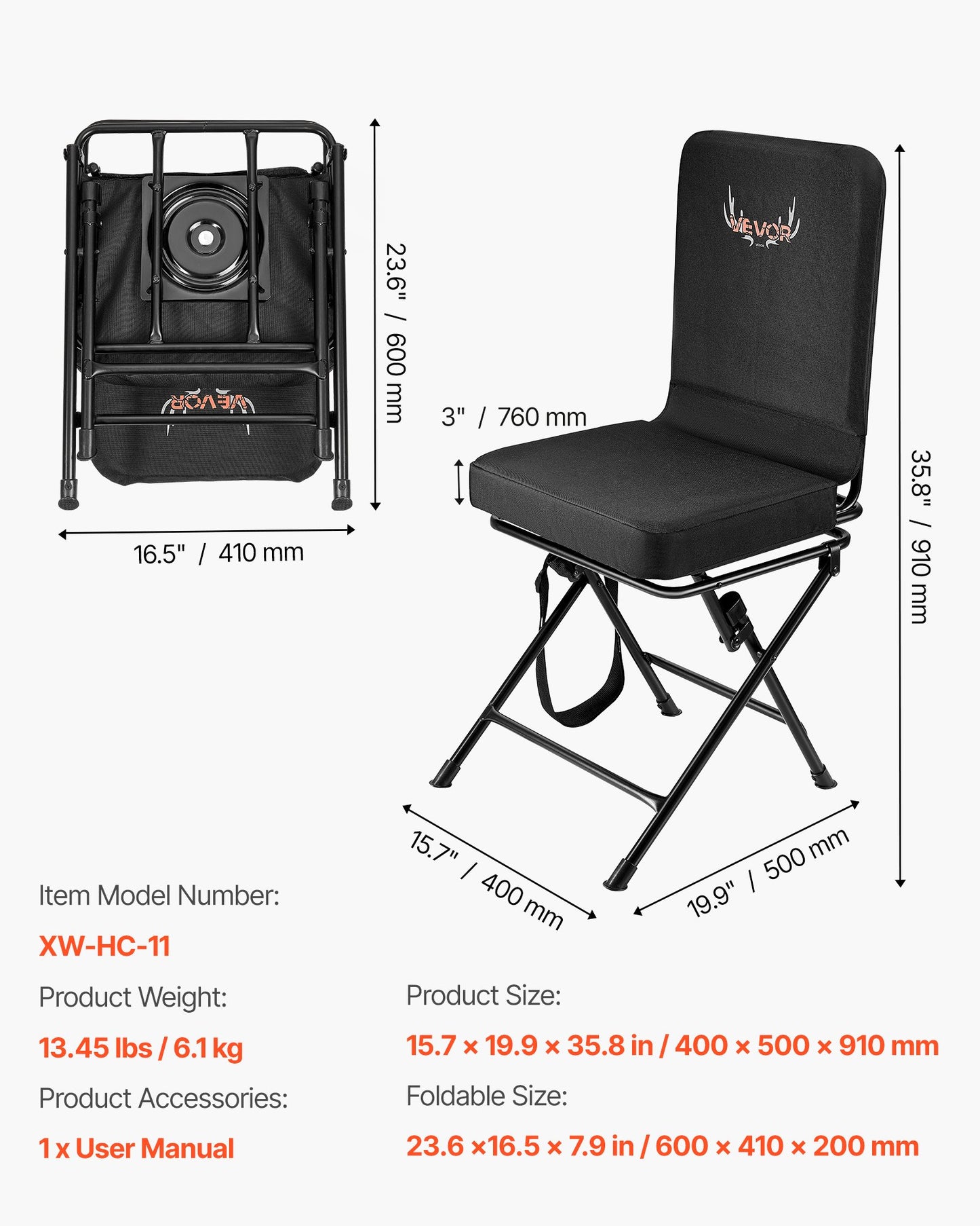 Hunting Chair, 360° Silent Swivel, Foldable Lightweight Portable Blind Chair, Heavy-Duty Steel Frame Ground Stool Seat, with Adjustable Shoulder Strap, 136 Kg Capacity for Fishing, Camping