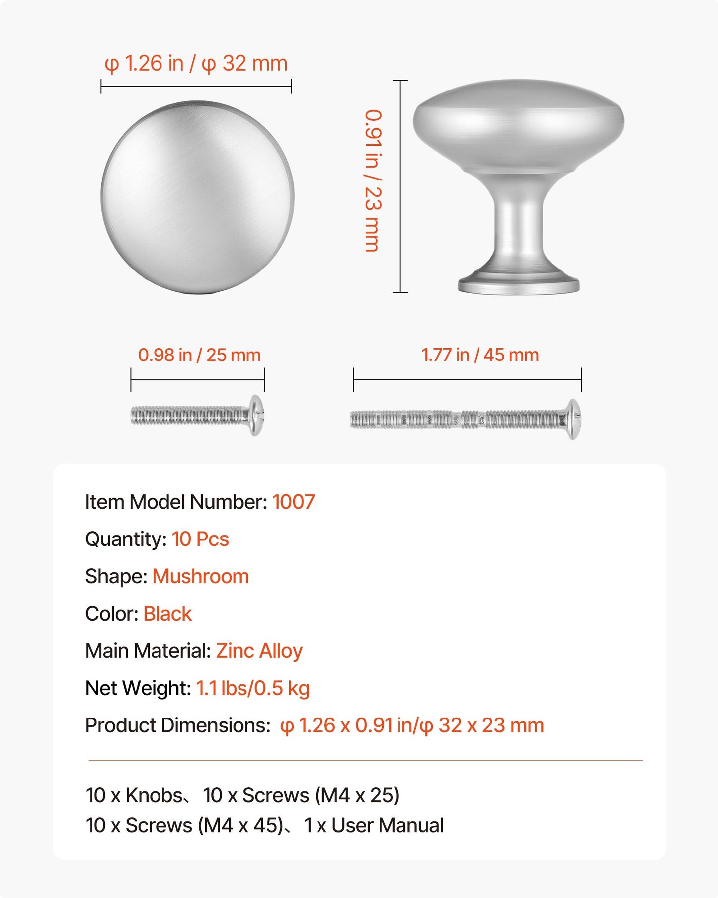Skåpsknoppar, 25-pack, 28 mm lådhandtag i zinklegering, svampformade köksknoppar, byråhandtag, skåpbeslag med skruvar för badrumsskåp, lådor, nickelfärg