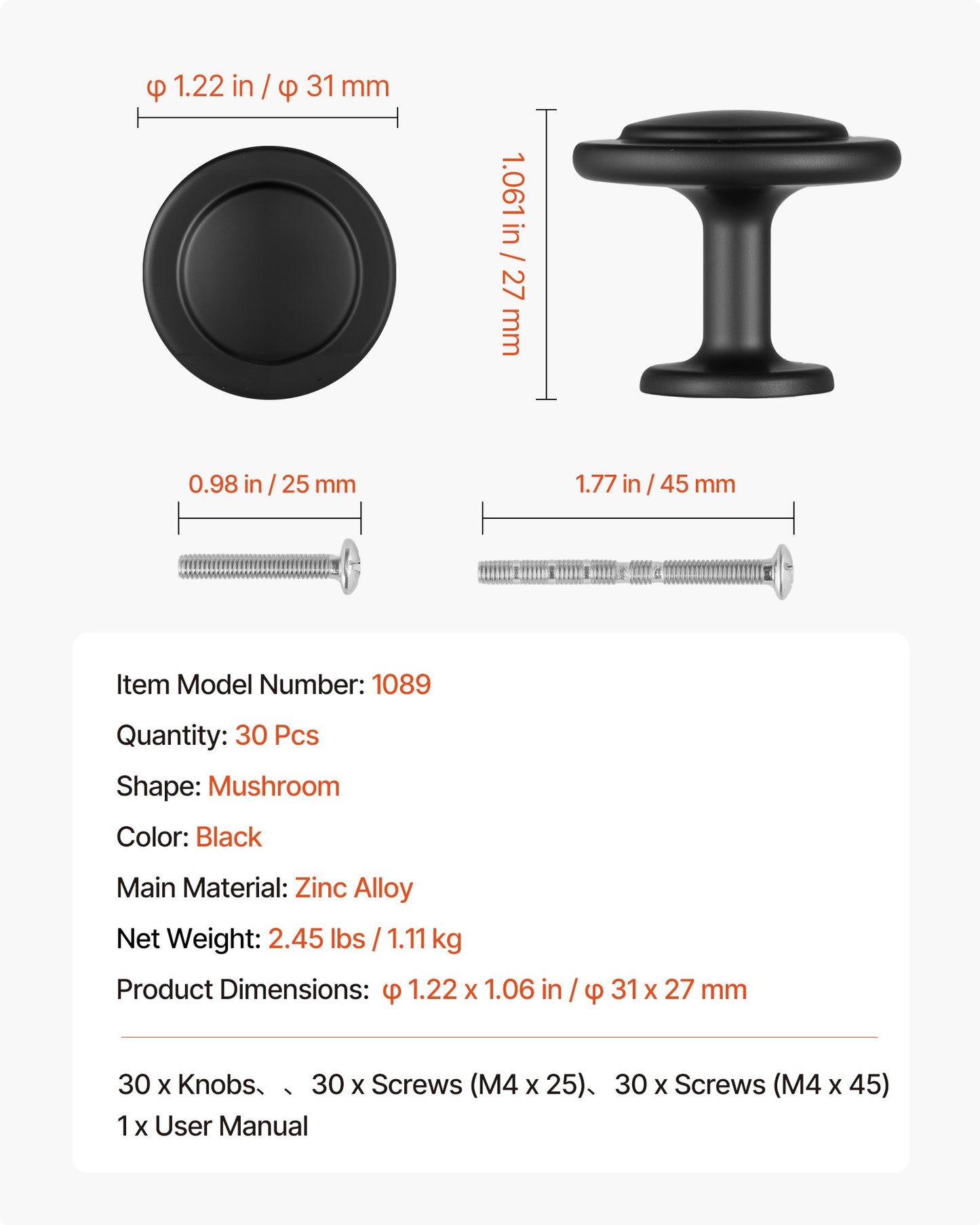 Skåpsknoppar, 30-pack, 31 mm låd- och dörrhandtag i svart zinklegering, svampformade köksknoppar, byråhandtag, skåpbeslag med skruvar för badrumsskåp, skåp och lådor