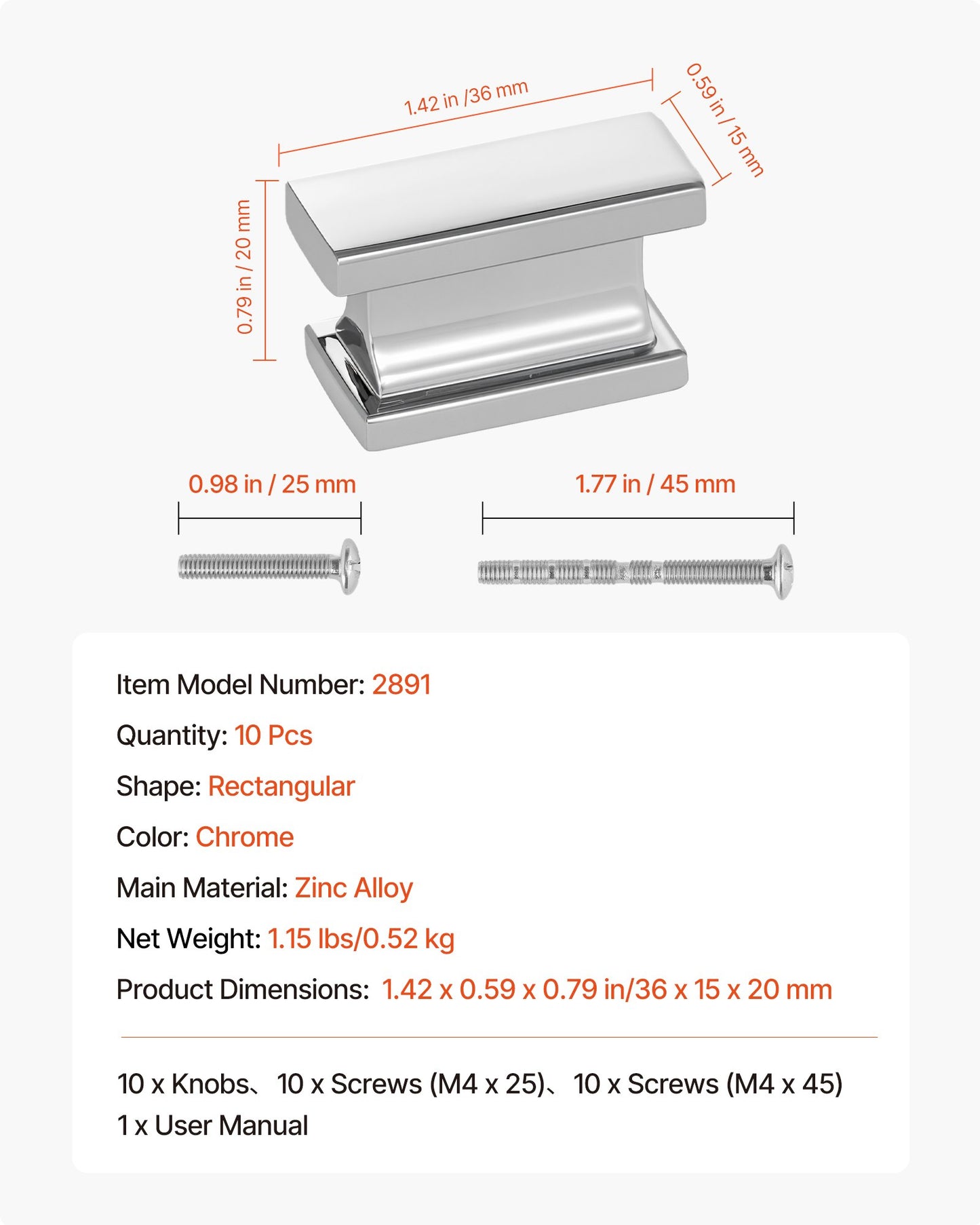 Skåpknoppar, 10-pack, 36 mm lådhandtag i zinklegering, rektangulära solida knoppar för köksbyrå, skåpbeslag med skruvar för badrumsskåp, lådor, kromfärg