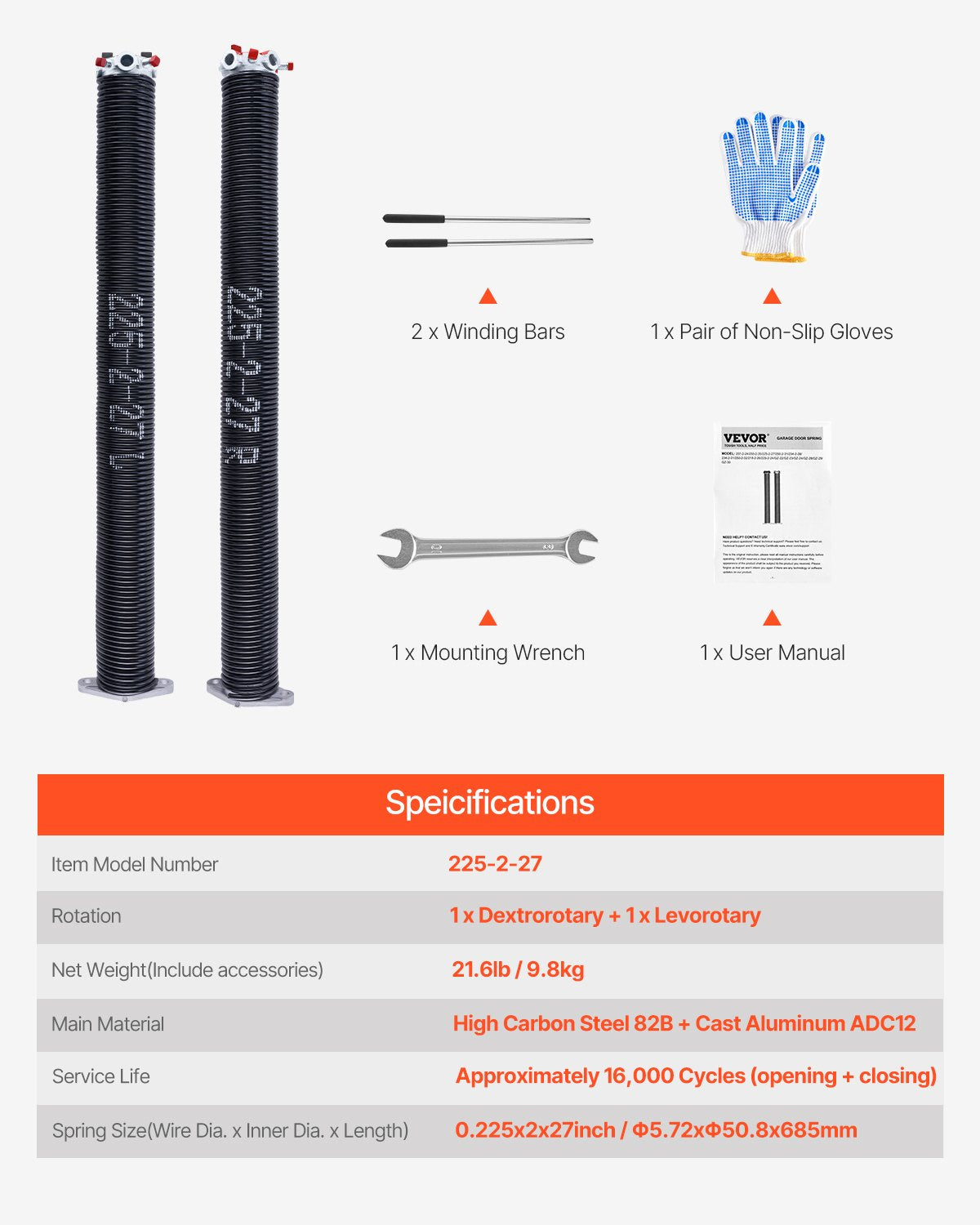 Garageportsfjädrar, par om 0,225 x 2 x 27 tum, 16 000 cykler, elektrofores svartbelagda för utbyte, garageportsfjädrar med halkfria lindningsstänger, handskar och monteringsnyckel