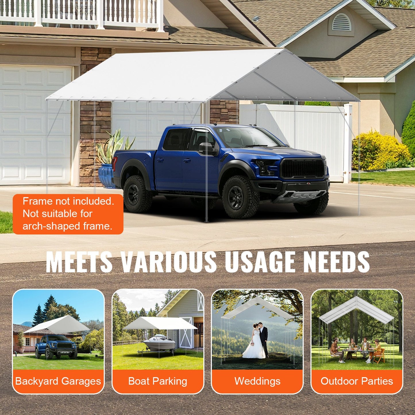 10 x 20 fot ersättningstak för carport, garagetält, kraftig vattentät och UV-skyddad, enkel installation med 40-bollars gummiband (endast toppskydd, ram ingår ej), vit