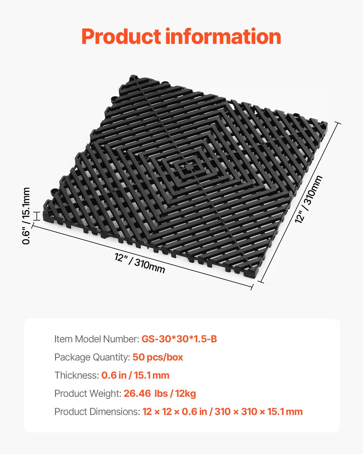 Sammankopplande dräneringsmatta, 12” x 12” modulär sammankopplande kudde, 50 st. skarvmattor för dränering, halkfria svarta PP-dräneringsgolvplattor och duschmatta, för garage, trädgård, kök och utomhusbruk