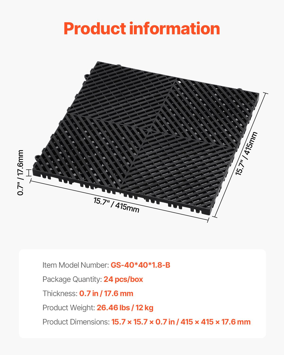 Sammankopplande dräneringsmatta, 15,7” x 15,7” modulär sammankopplande kudde, 24 st. skarvmattor för dränering, halkfria svarta PP-dräneringsgolvplattor och duschmatta, för garage, trädgård, kök och utomhusbruk