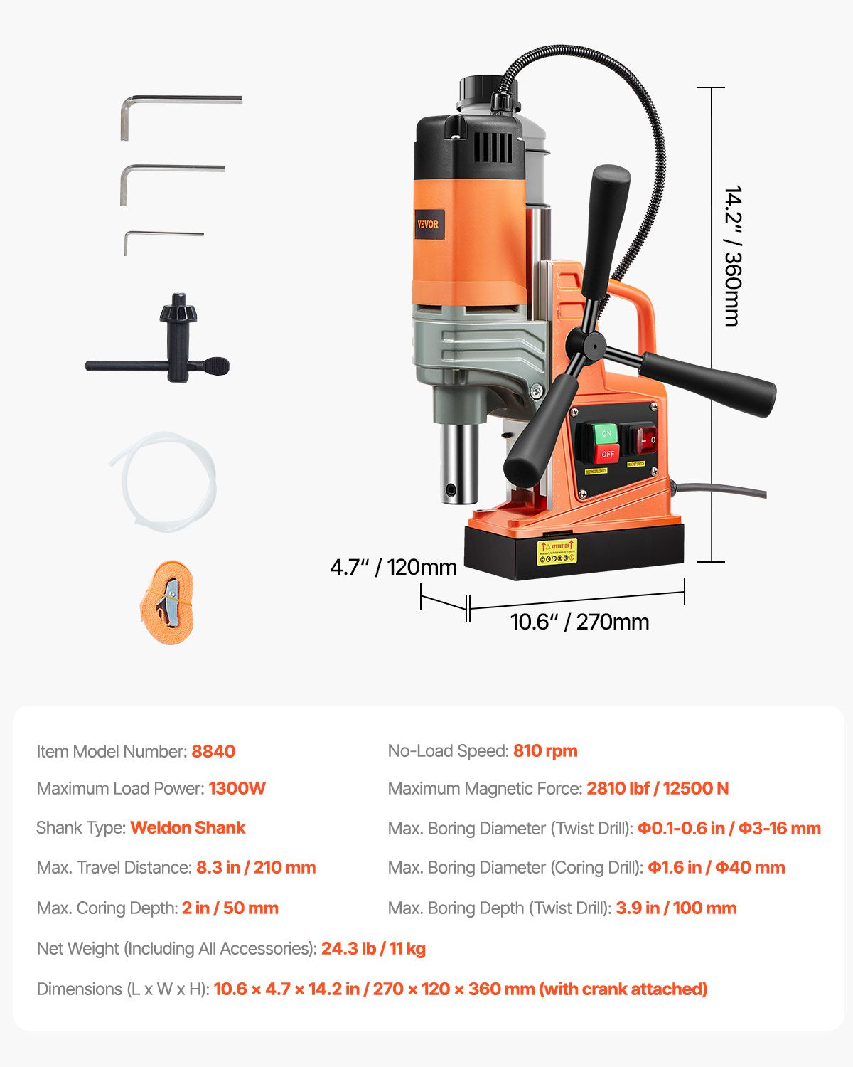 Magnetborrmaskin, 1300W motor, 1,6 tum borrdiameter, 2810 lbf bärbar elektrisk magnetborrpress, 810 varv/min tomgångshastighet, borrmaskin för metallytor, industri och heminredning