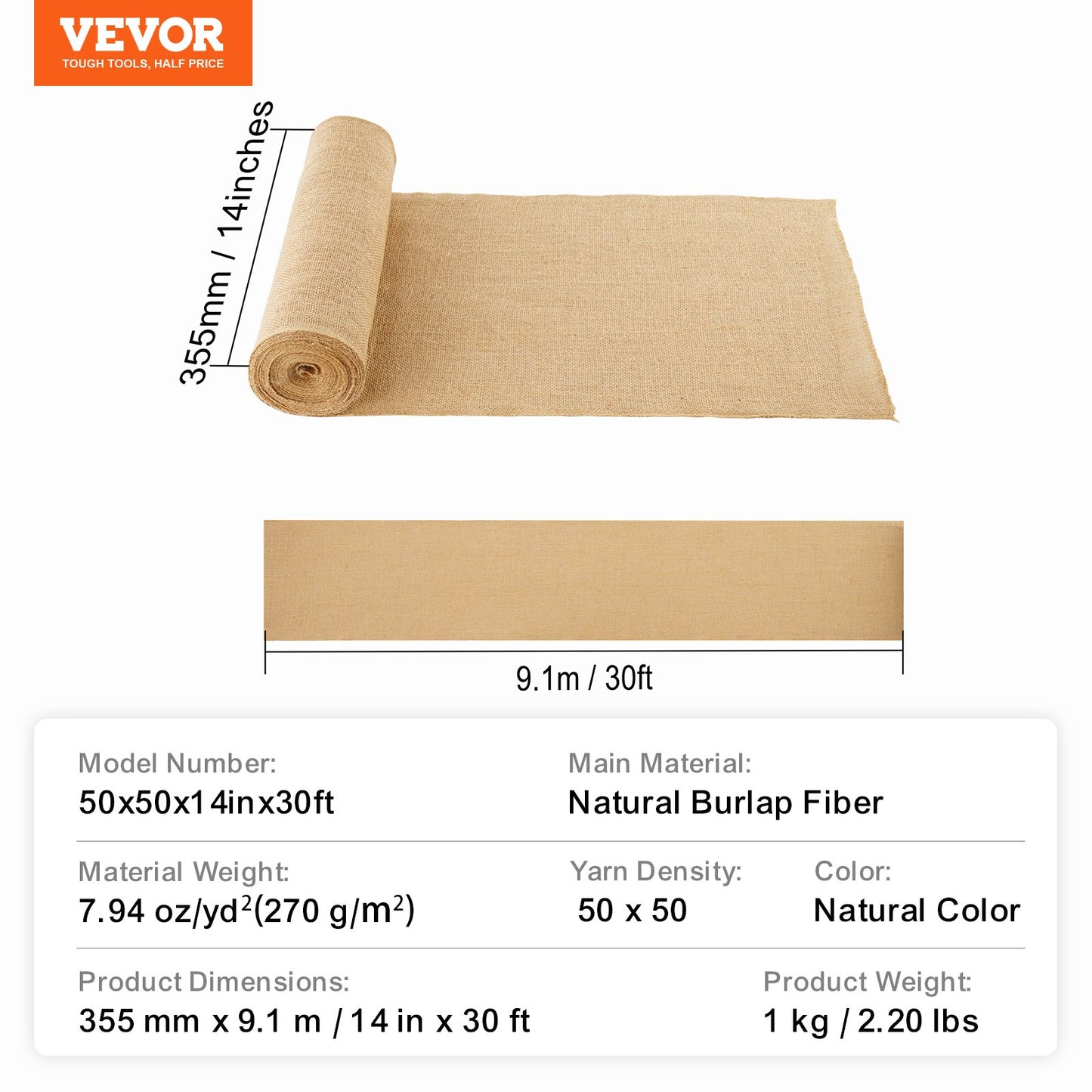 Rulle av säckväv, 14” x 30 ft och 50 x 50 högdensitets breda naturliga säckvävrullar, jutetyg, rulle av säckväv för träd, för dekoration, hantverk, bröllop, trädgårdsskötsel, växt- och trädvintertäckning