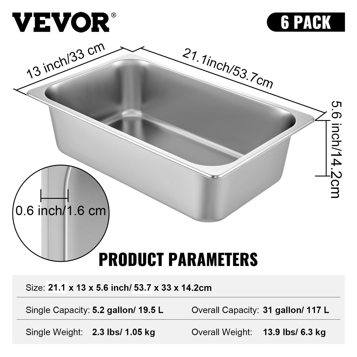 6-pack ångformar, 20,9 x 12,8 x 5,9 tum djupa ångformar, full storlek 20,5 l djupa matbehållare, ugnsplåt i rostfritt stål, hotellformar, ångform med stoppfunktion för mat