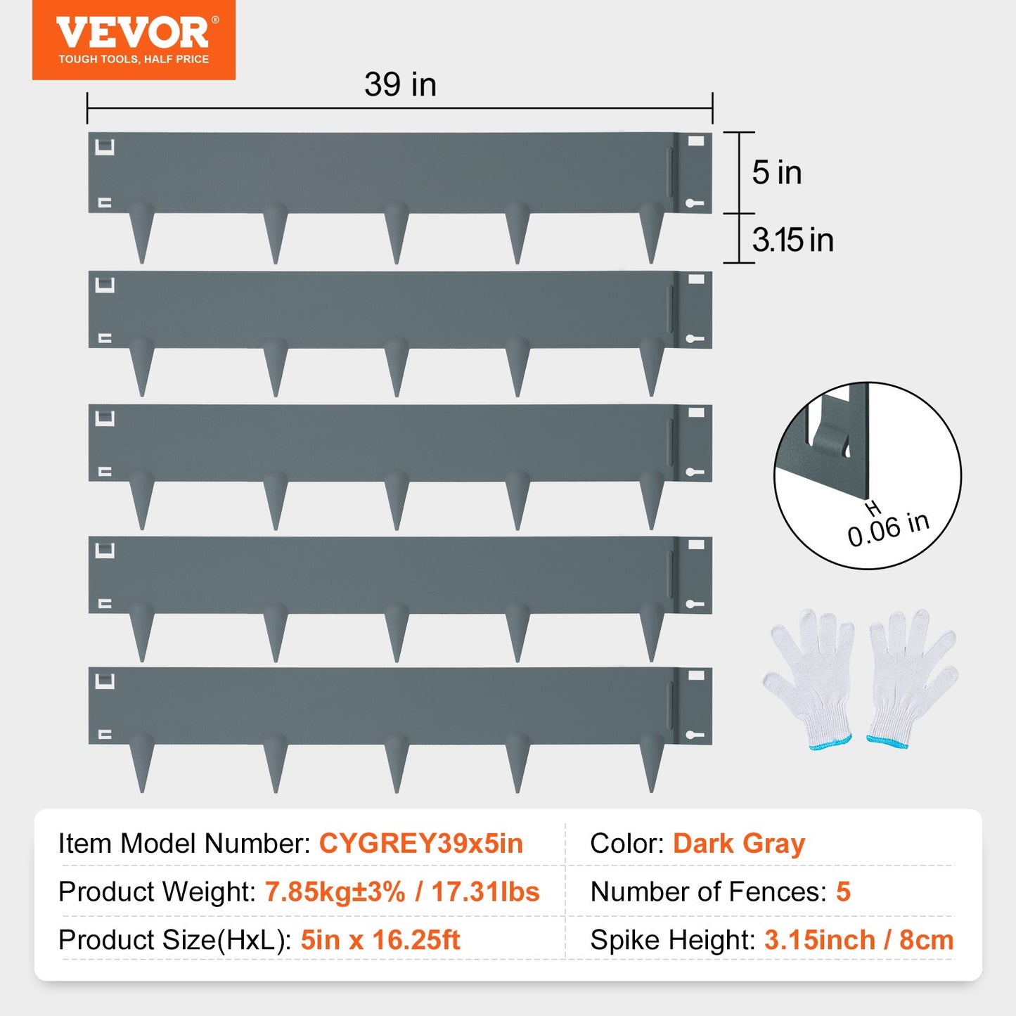 Stålkantlist, 5-pack stålkantlister för trädgården, 94 cm L x 13 cm H Remsor, Hammarinslagen kantlist, Böjbar metallkantlist för trädgård, gräsmatta, 8,6 cm spikhöjd, Mörkgrå