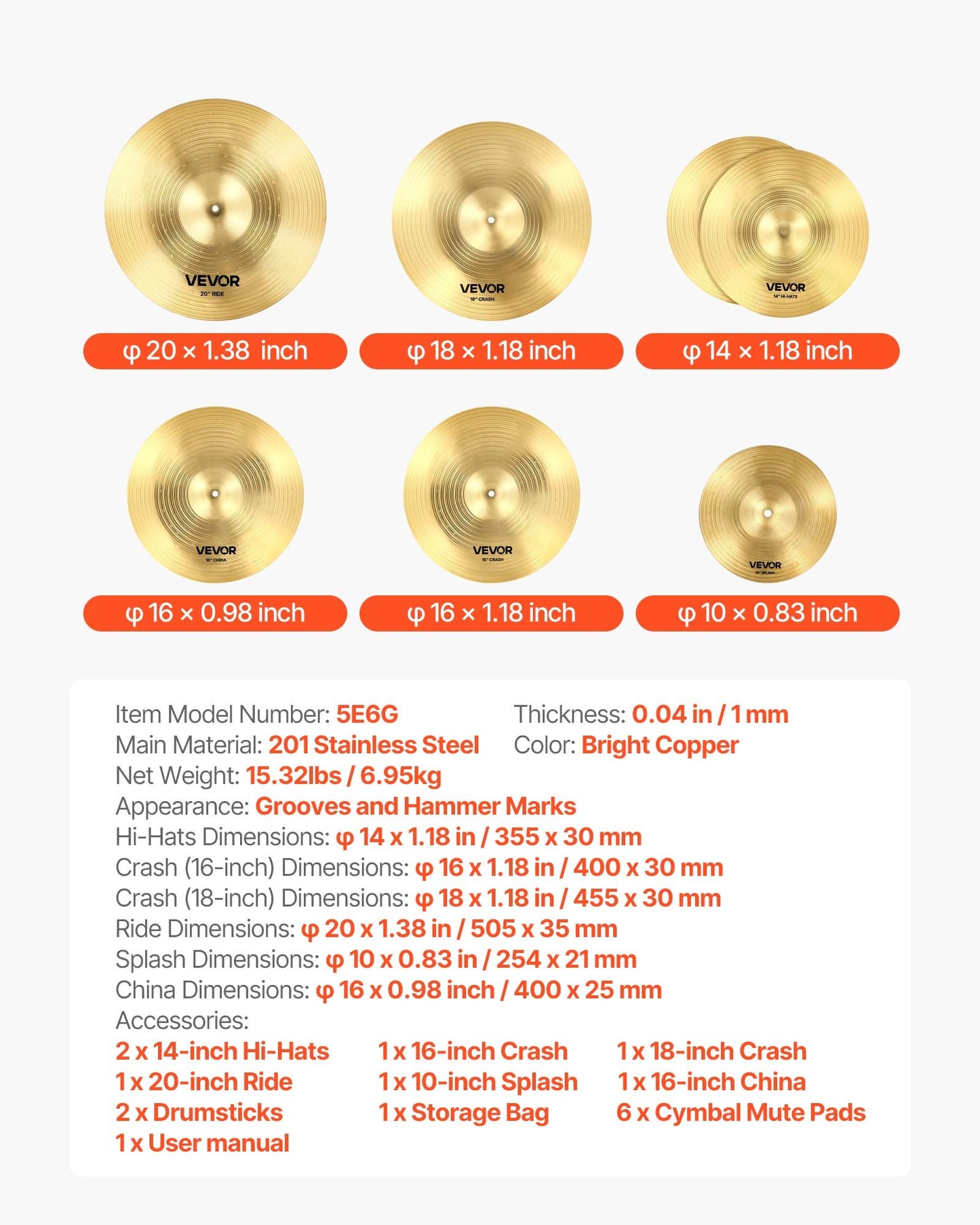 Cymbalpaket 6 delar cymbalset 254/355/400/455/505 mm (10 14 16 18 20 tum) cymbaler för trummor