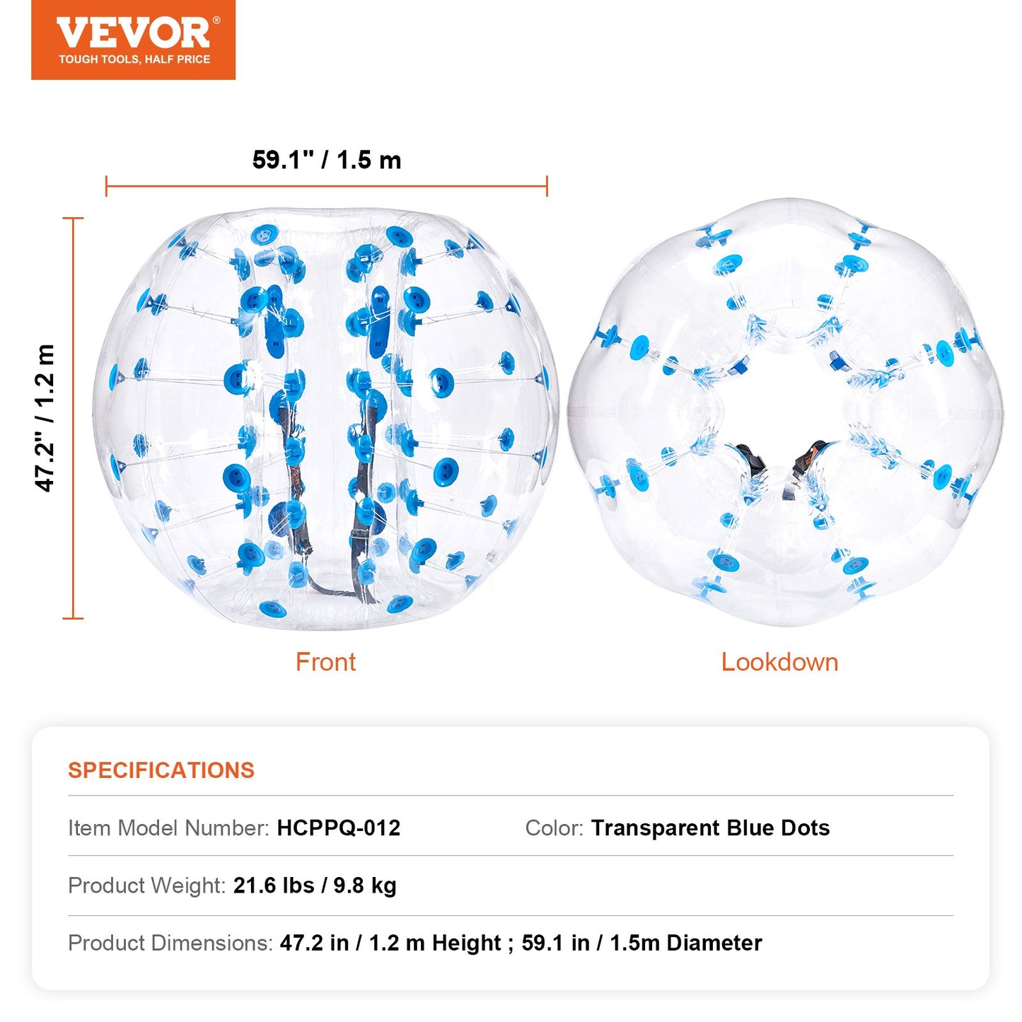 Uppblåsbar Bumper Ball 1-pack, 5FT/1.5M Body Sumo Zorb-bollar för tonåringar och vuxna, 0.8mm tjocka PVC-mänskliga hamsterbubbelbollar för utomhuslek, Bumper Bopper-leksaker för trädgård, gård, park