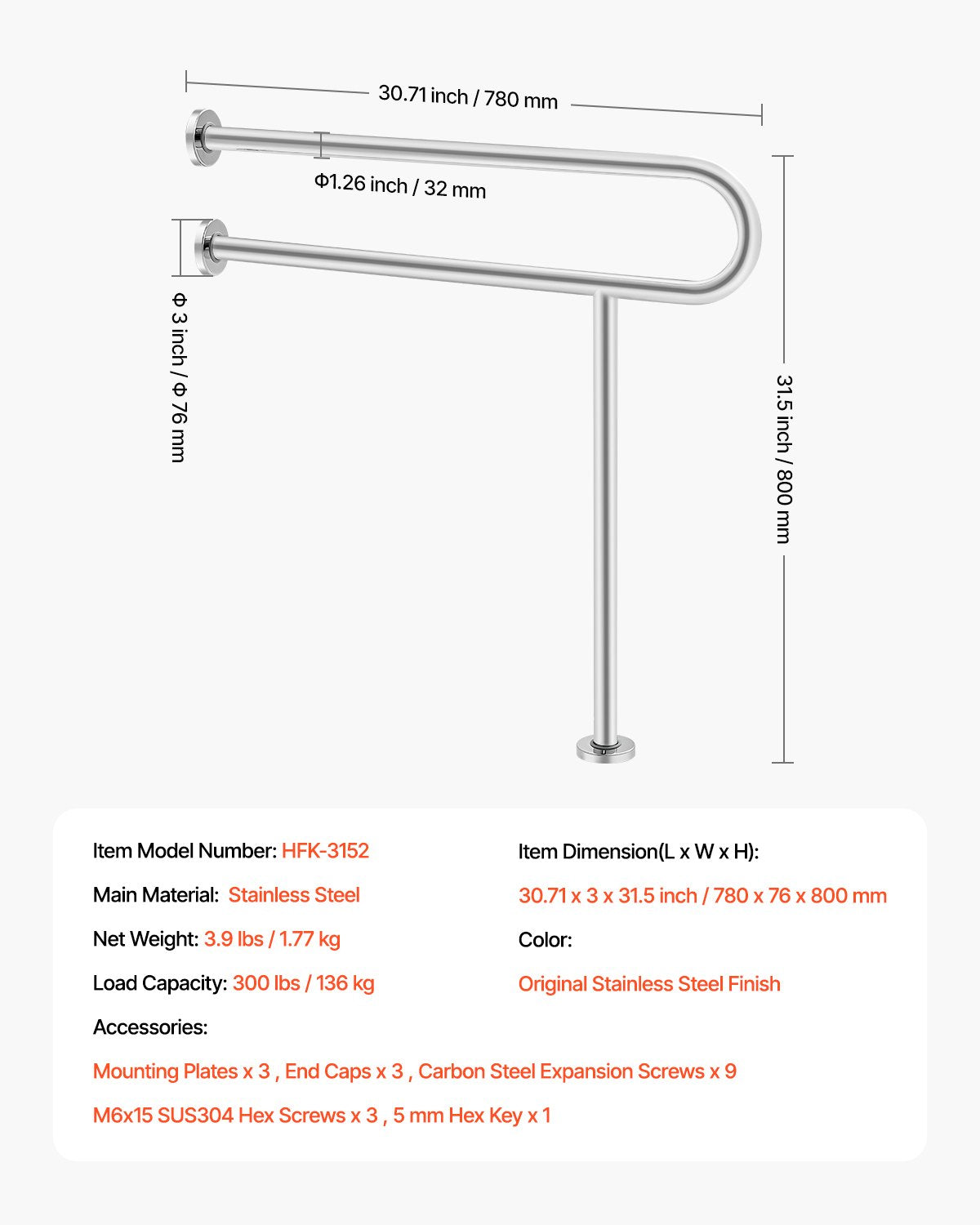 Toalettstång, 31,5 tums U-formad handikappstång, säkerhetsstång i 304 rostfritt stål för seniorer, toalettstång med halkfritt handtag, säkerhetsledstång med bärkapacitet på 300 kg och stödben