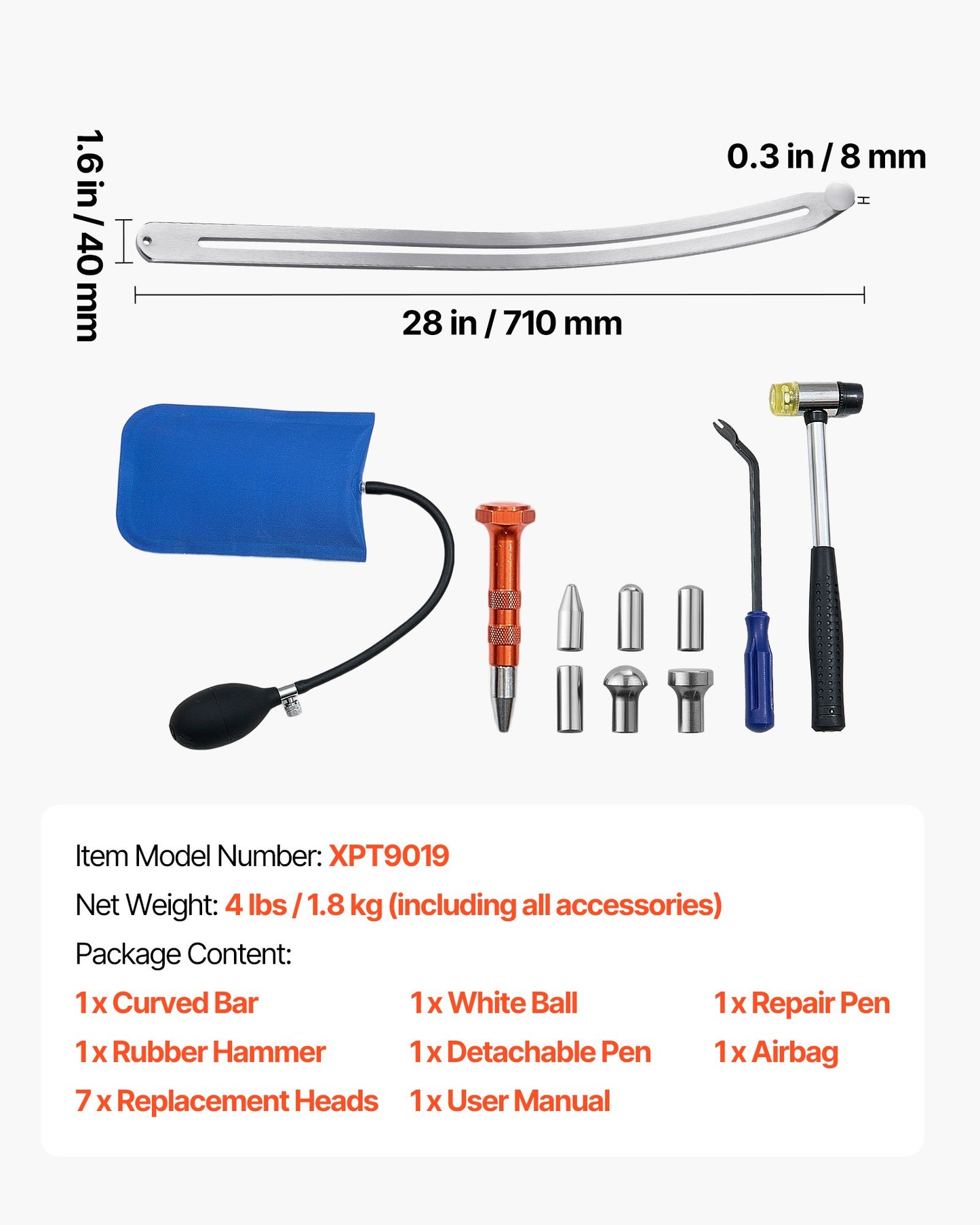 Bucklorsats, lackeringsfritt bucklorborttagningsverktyg, avdragare för bilskador på skärm med böjd stång, kofot, gummihammare, krockkudde, avtagbara och reparationspennor, verktygssats för reservhuvuden