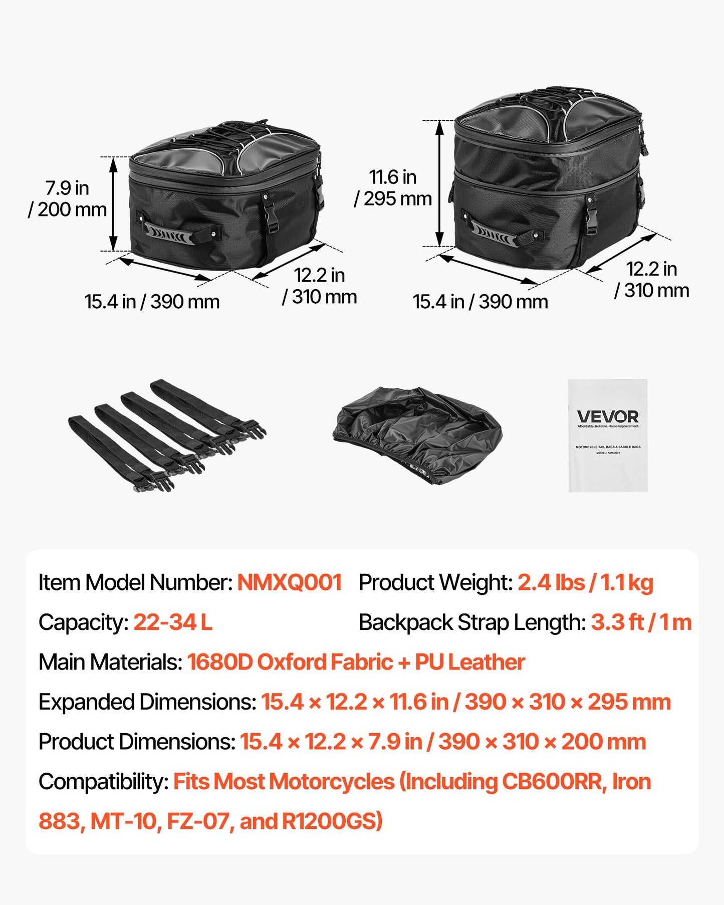 Motorcykel bakväska, 22-34 L expanderbar motorcykel baksätesväska med vattentätt regnskydd, utomhussporter motorcykel bagageförvaring ryggsäck handväska med remmar, ficka och elastiskt snöre, svart