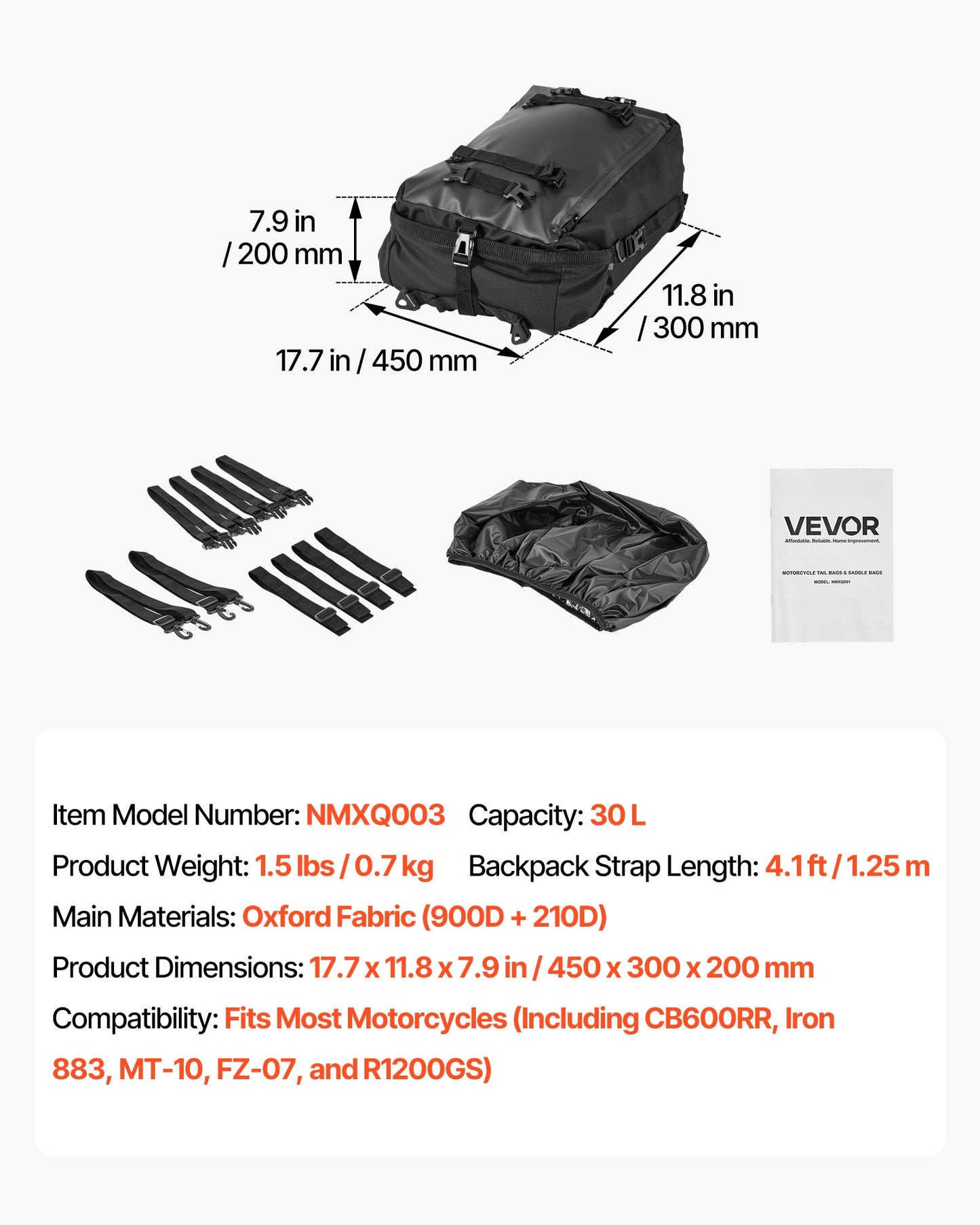 Motorcykel baksätesväska, 30 l motorcykel baksätesväska med vattentätt regnskydd, utomhussporter motorcykel bagageförvaring bagagehylla ryggsäck med axelremmar, universell passform bakre räcken, svart