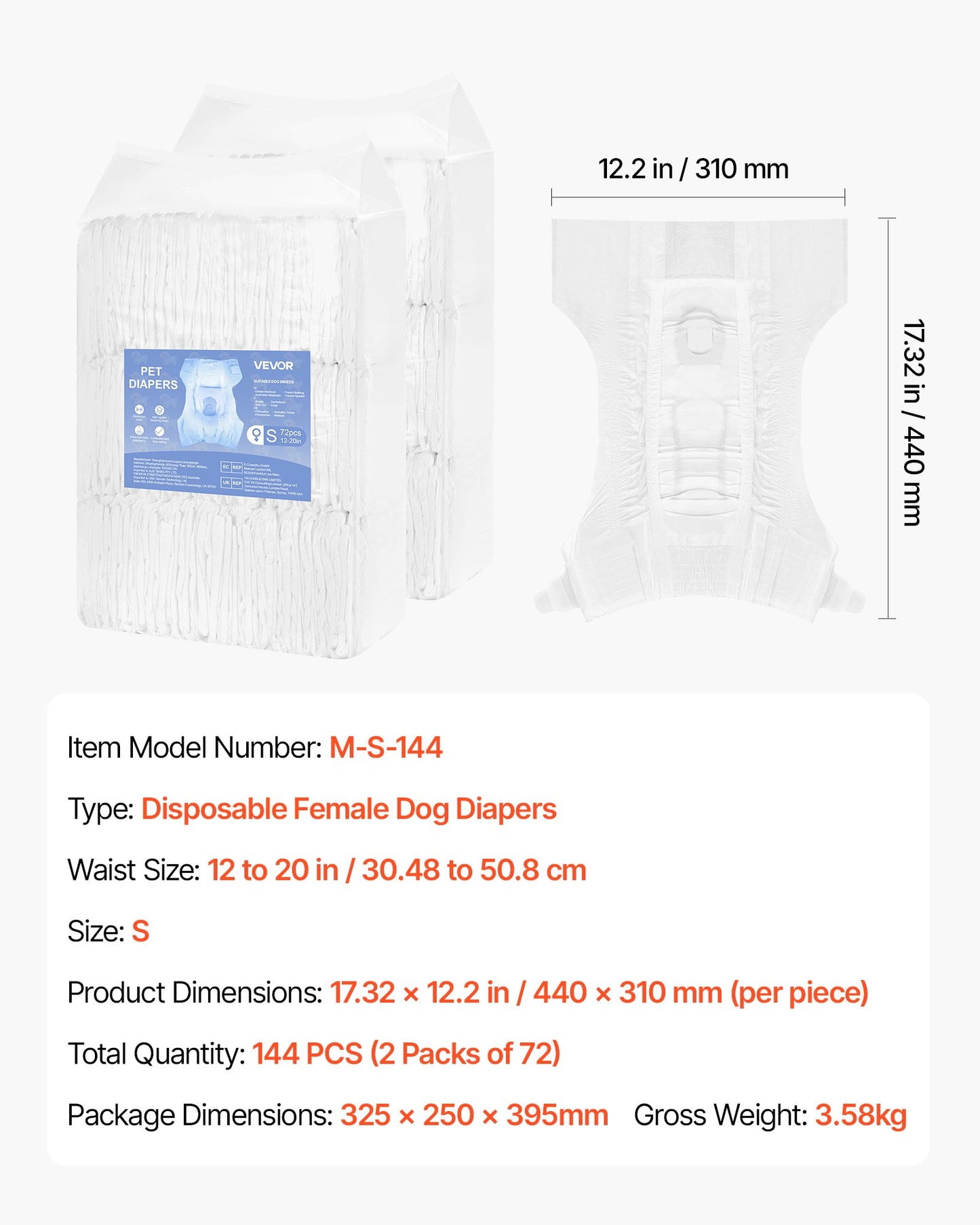 Engångsblöjor för hundar, superabsorberande blöjor för tikhundar, 360° läckagesäker blöja för tikhundar med våtindikator för löpperioder, träning, inkontinens - S, 144 st (2 förpackningar med 72)