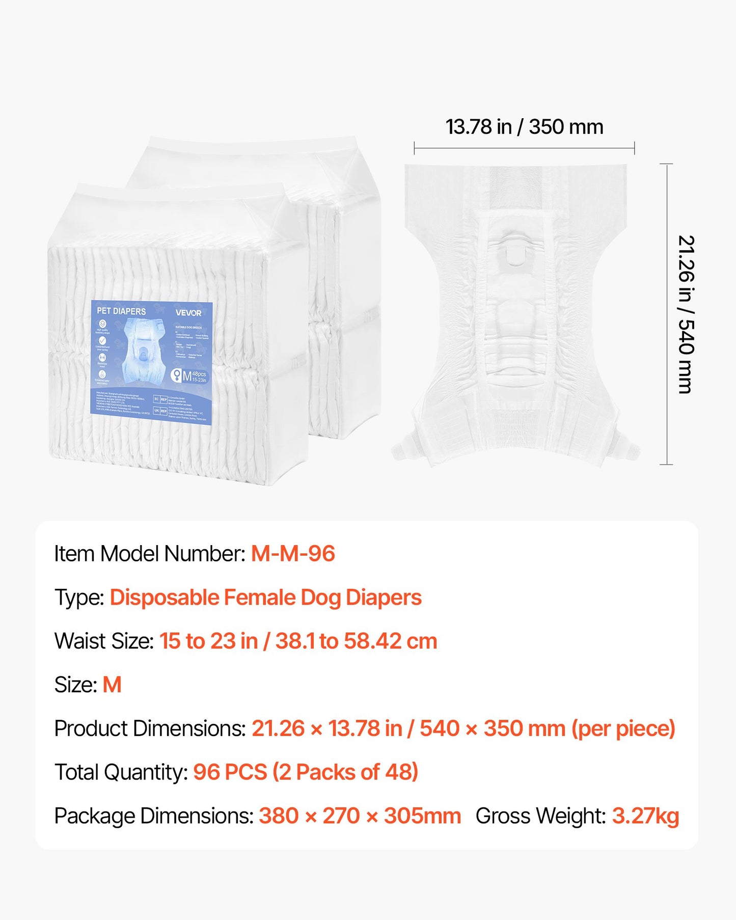 Engångsblöjor för hundar, superabsorberande blöjor för tikhundar, 360° läckagesäker blöja för tikhundar med våtindikator för löpperioder, träning, inkontinens - M, 96 st (2 förpackningar med 48)