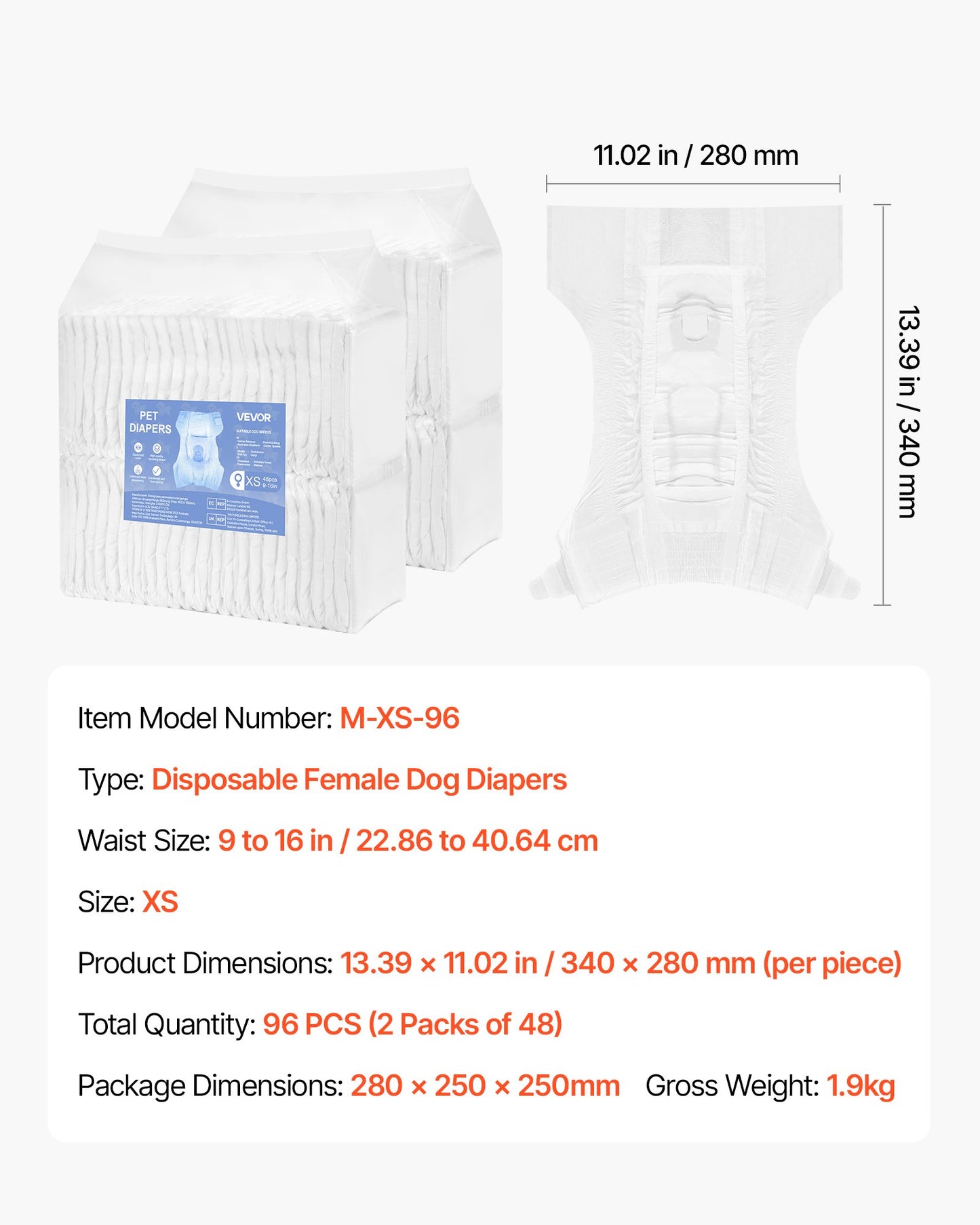 Engångsblöjor för hundar, superabsorberande blöjor för tikhundar, 360° läckagesäker blöja för tikhundar med våtindikator för löpperioder, träning, inkontinens - XS, 96 st (2 förpackningar med 48)