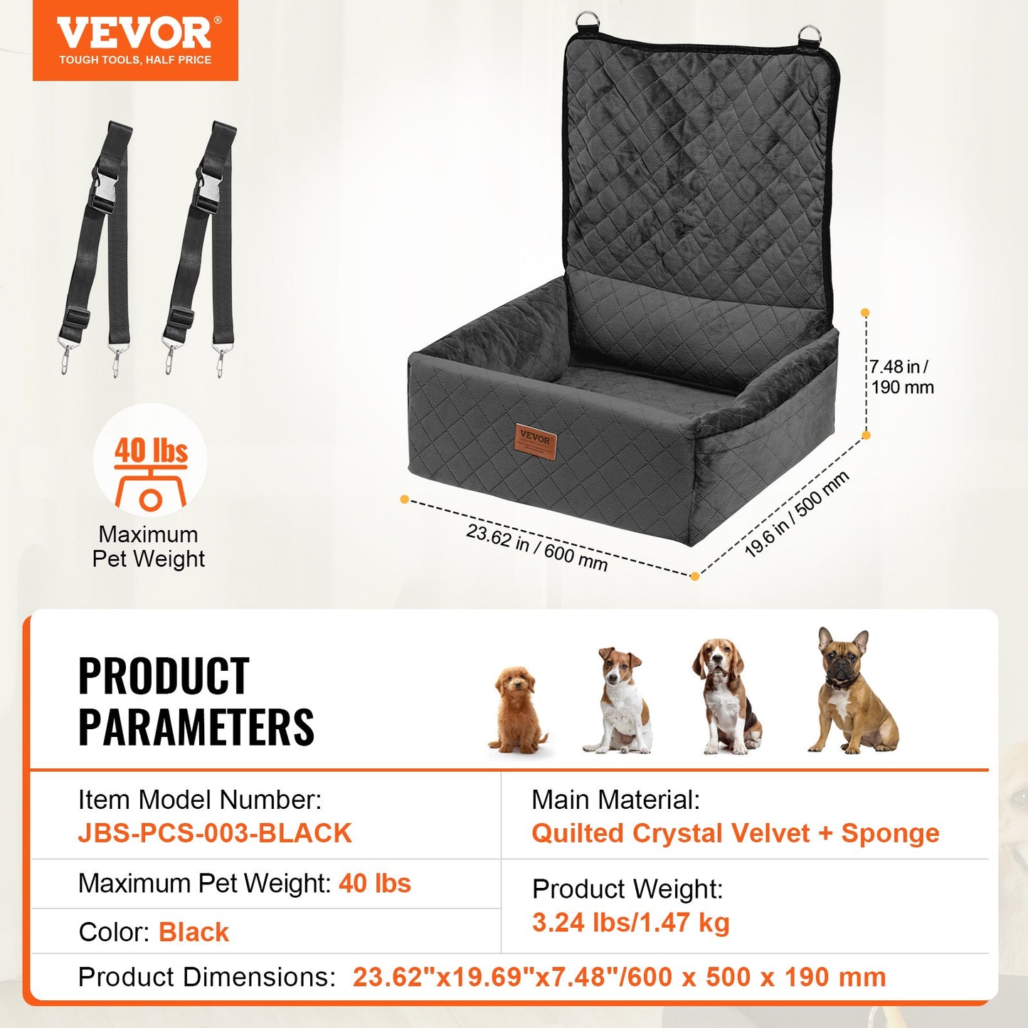Dog Car Seat, Dog Booster Seat for Car with A Storage Pocket, Clip-On Safety Leash, Sponge and PP Cotton Filling, Dog Car Bed for Small & Medium Dog up to 40lbs, Black