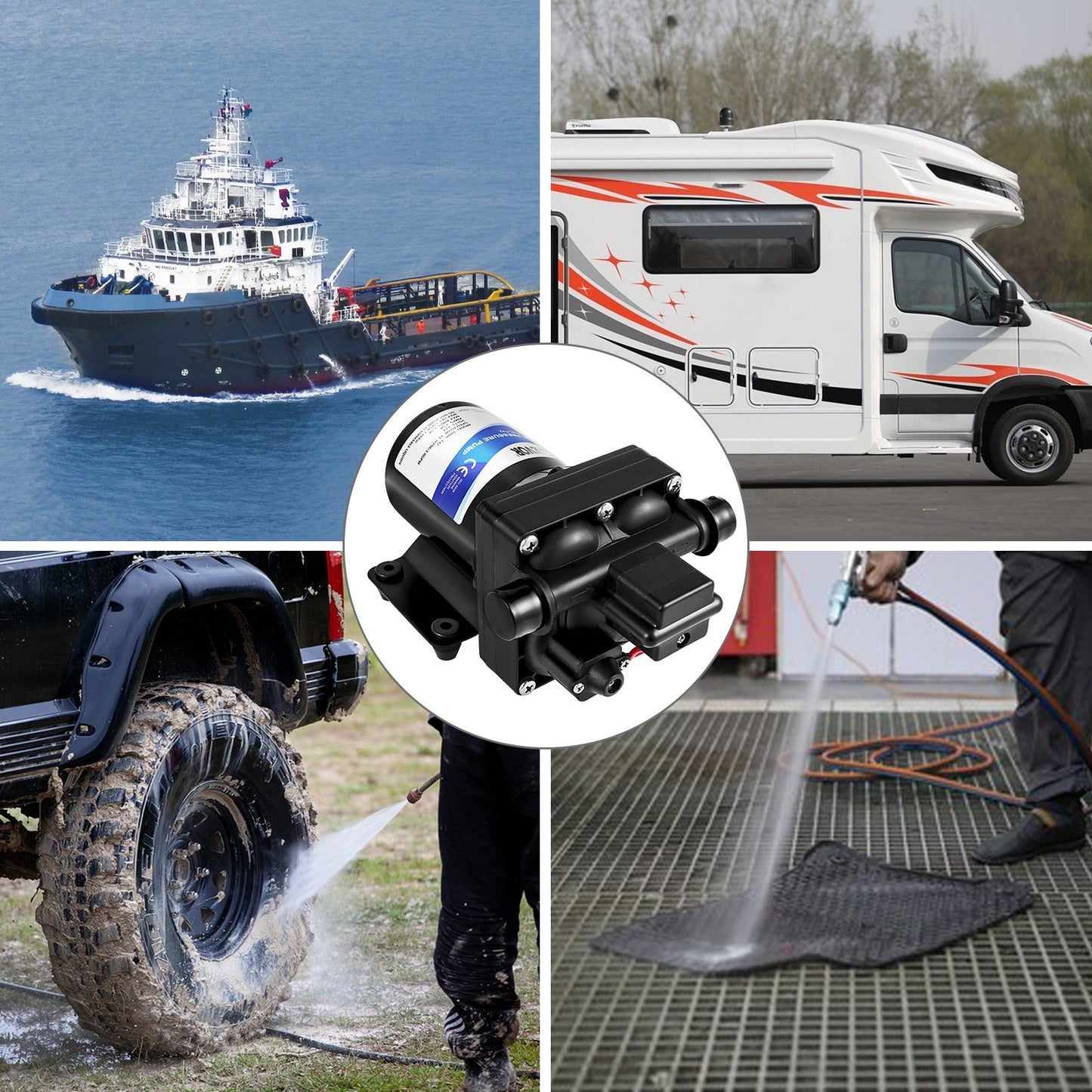 Färskvattenpump, 12 V självsugande sprutpump, 11 l/min (3 GPM) husbilsvattenpump, med tryckbrytare 3,8 bar (55 PSI) självsugande vattenpump, avtagbar sil 12 V membranpump, för husbil, husbil, marin, båt, gräsmatta