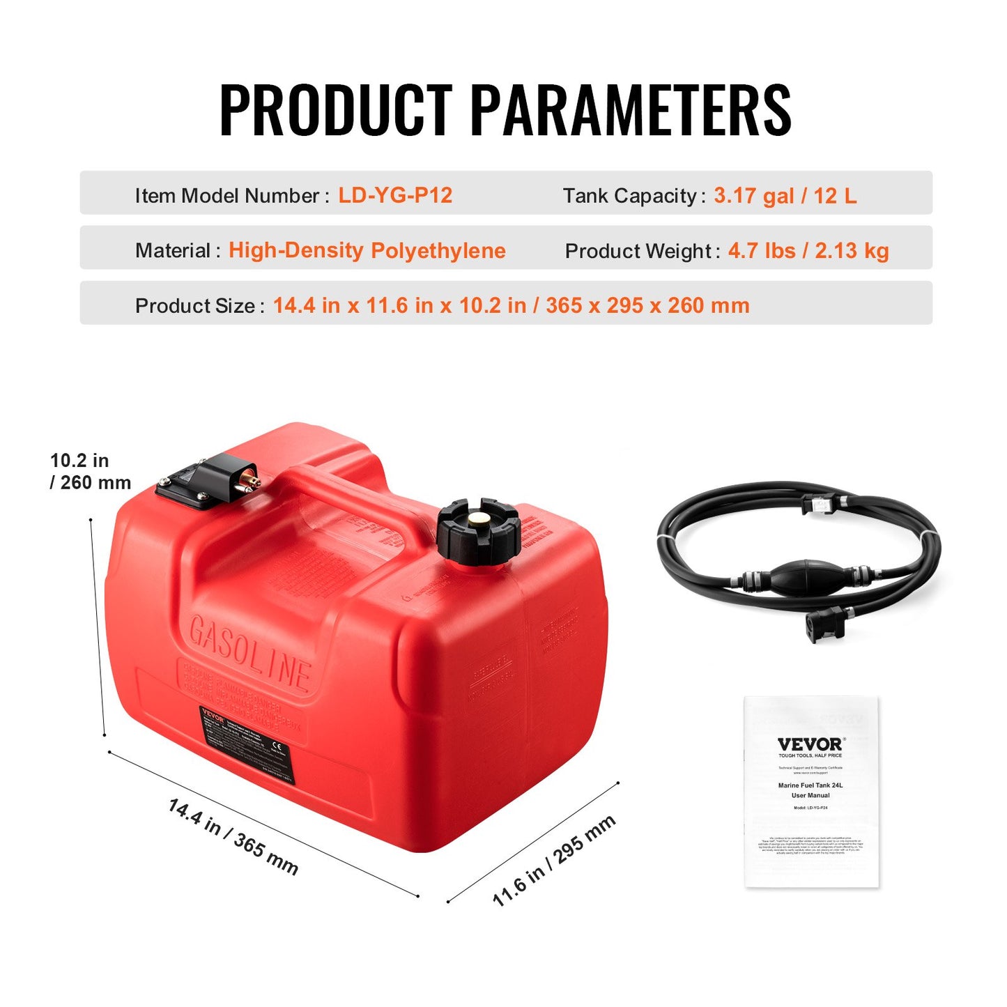 Boat Fuel Tank, 3.17-Gallon/12-L Marine Outboard Transfer Tank, Transfer Tank with 9.8ft Hose, Gauge for Outboard Engine, Yacht, Fishing Boat, Deck, Red