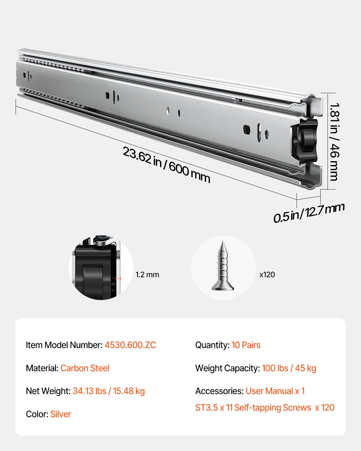 Lådskenor, 24 tum, 10 par fullutdragbara kullagerskenor för skåp, 100 LB lastkapacitet kraftiga sidomonterade lådskenor, lådskena för kök gör-det-själv-byte