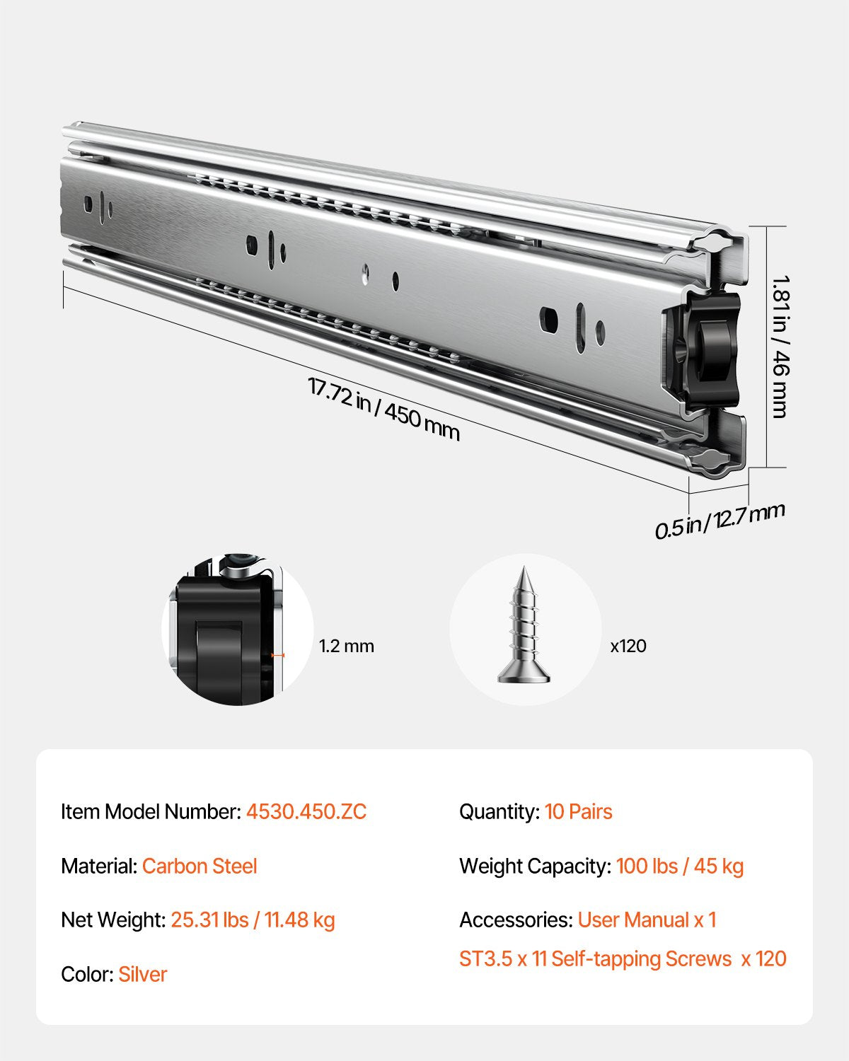 Lådskenor, 18 tum, 10 par fullutdragbara kullagerskenor för skåp, 100 LB lastkapacitet kraftiga sidomonterade lådskenor, lådskena för kök gör-det-själv-byte