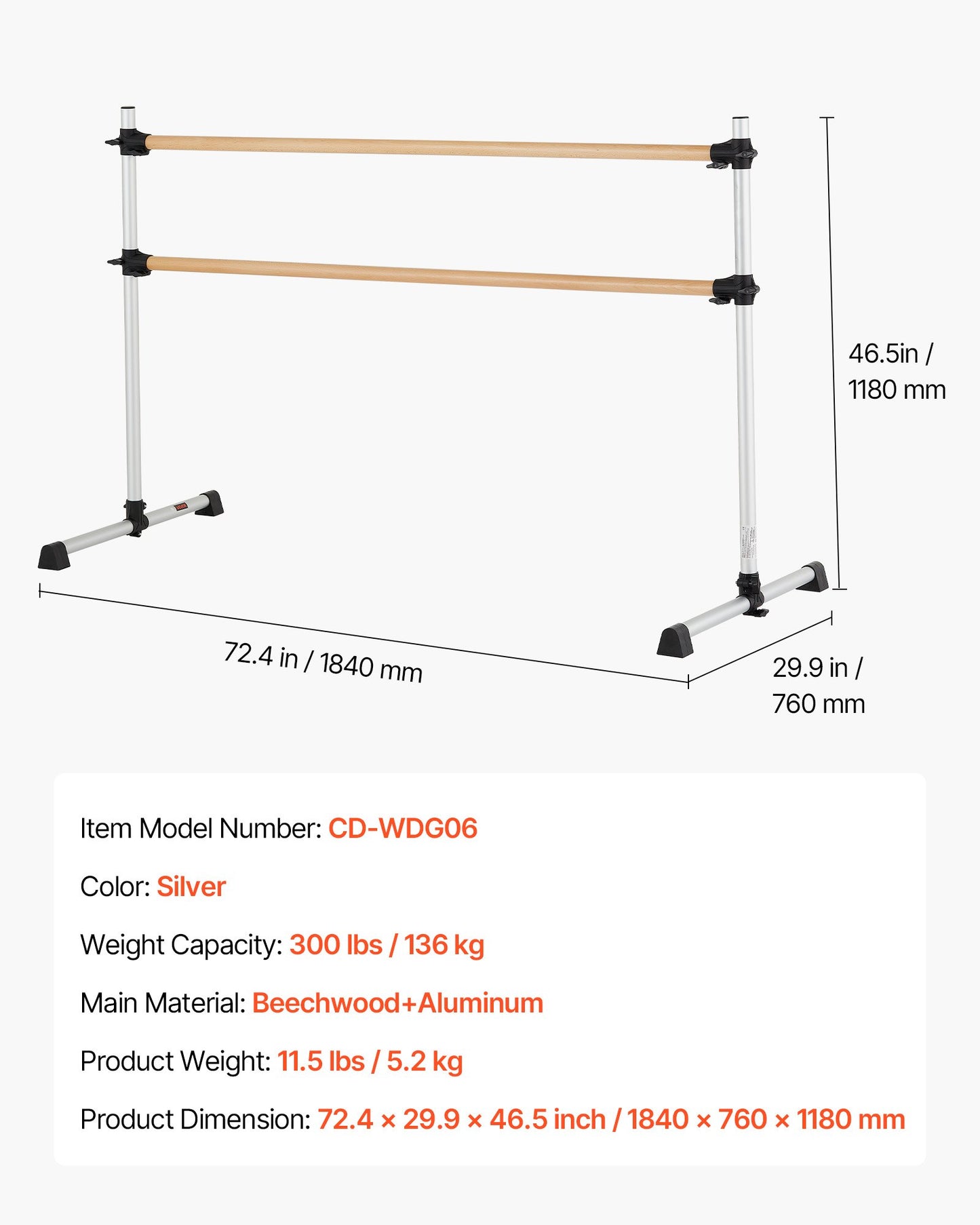 Balettstång, dubbel bokträstång för hemmabruk, fristående bärbara balettstretchstänger, höjdjusterbar anti-wobble fitnessutrustning, för pilates balansträning