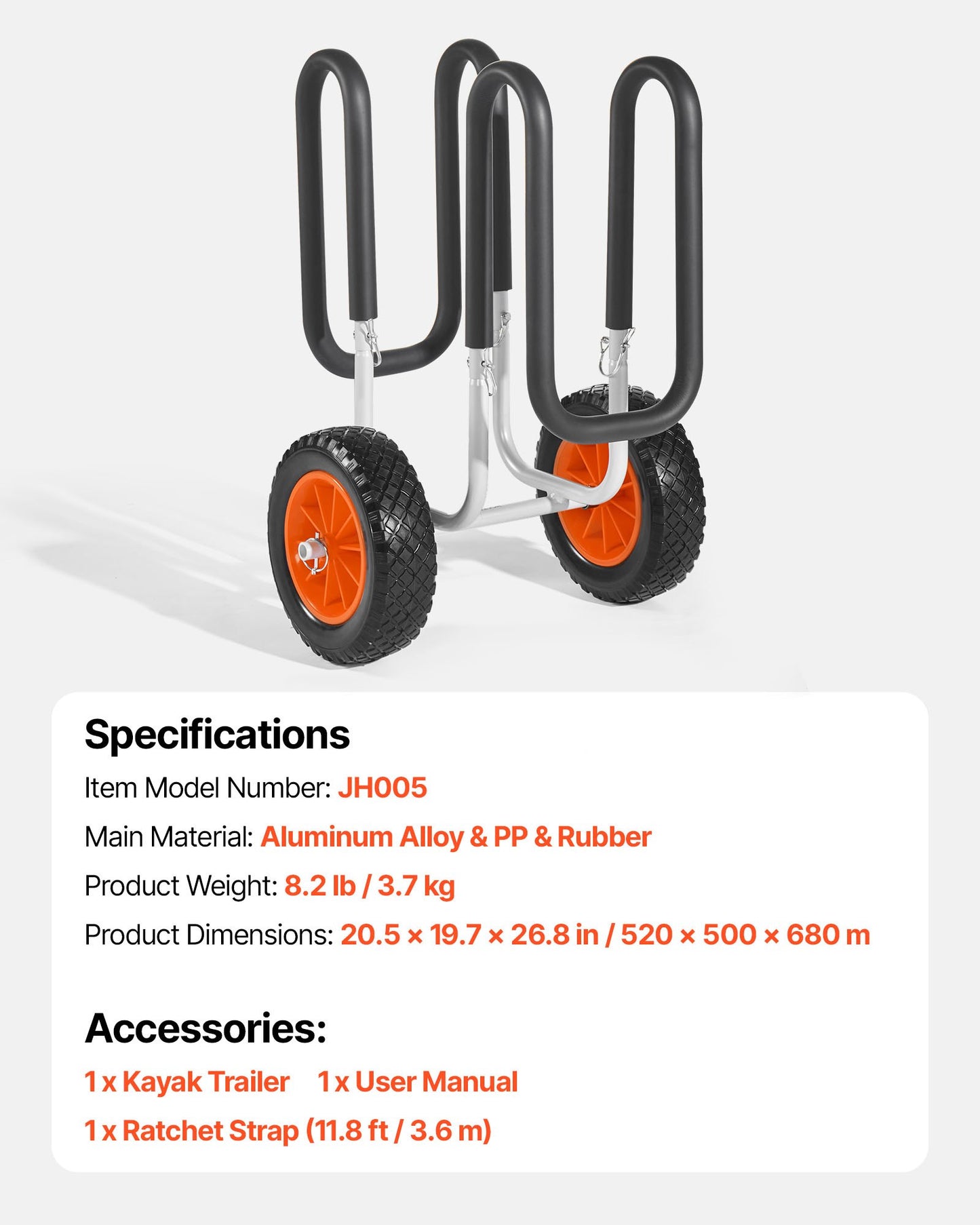 Kajakvagn, 68,0 kg lastkapacitet, Stand Up Paddleboard-vagn med 25,4 cm massiva gummidäck och stöd, Paddleboard-hållare med spärrrem för transport av paddleboard och surfbräda