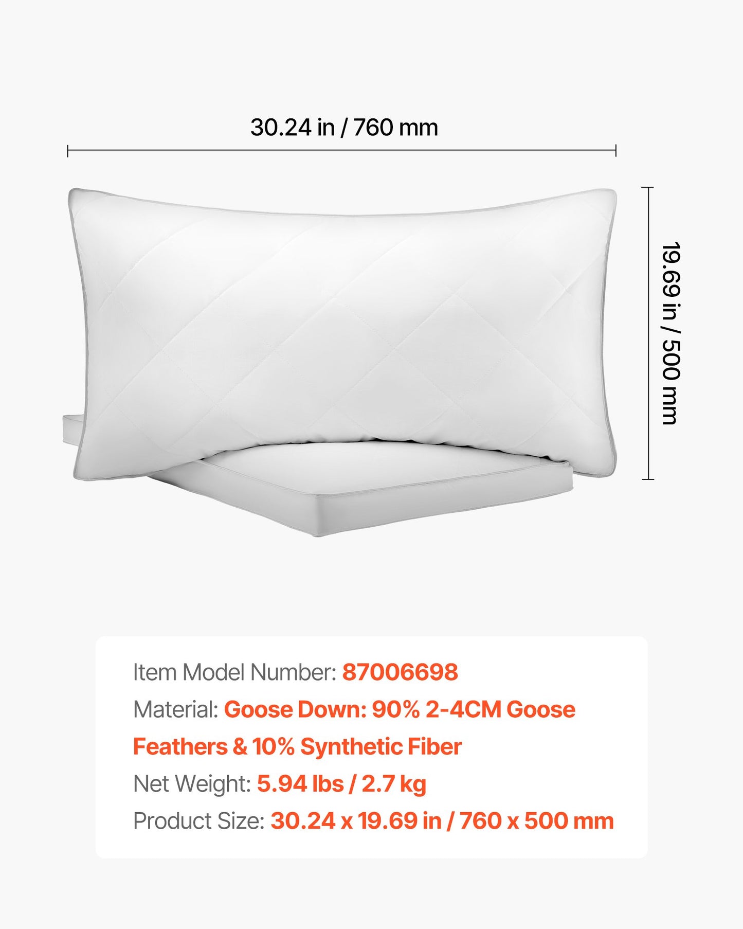 Sängkuddar för att sova, set om 2, queen size lyxiga kvalitetshotellkuddar med original dunfyllning, stödjande och fluffiga, sängkläder för rygg-, mag- och sidosovere, vit