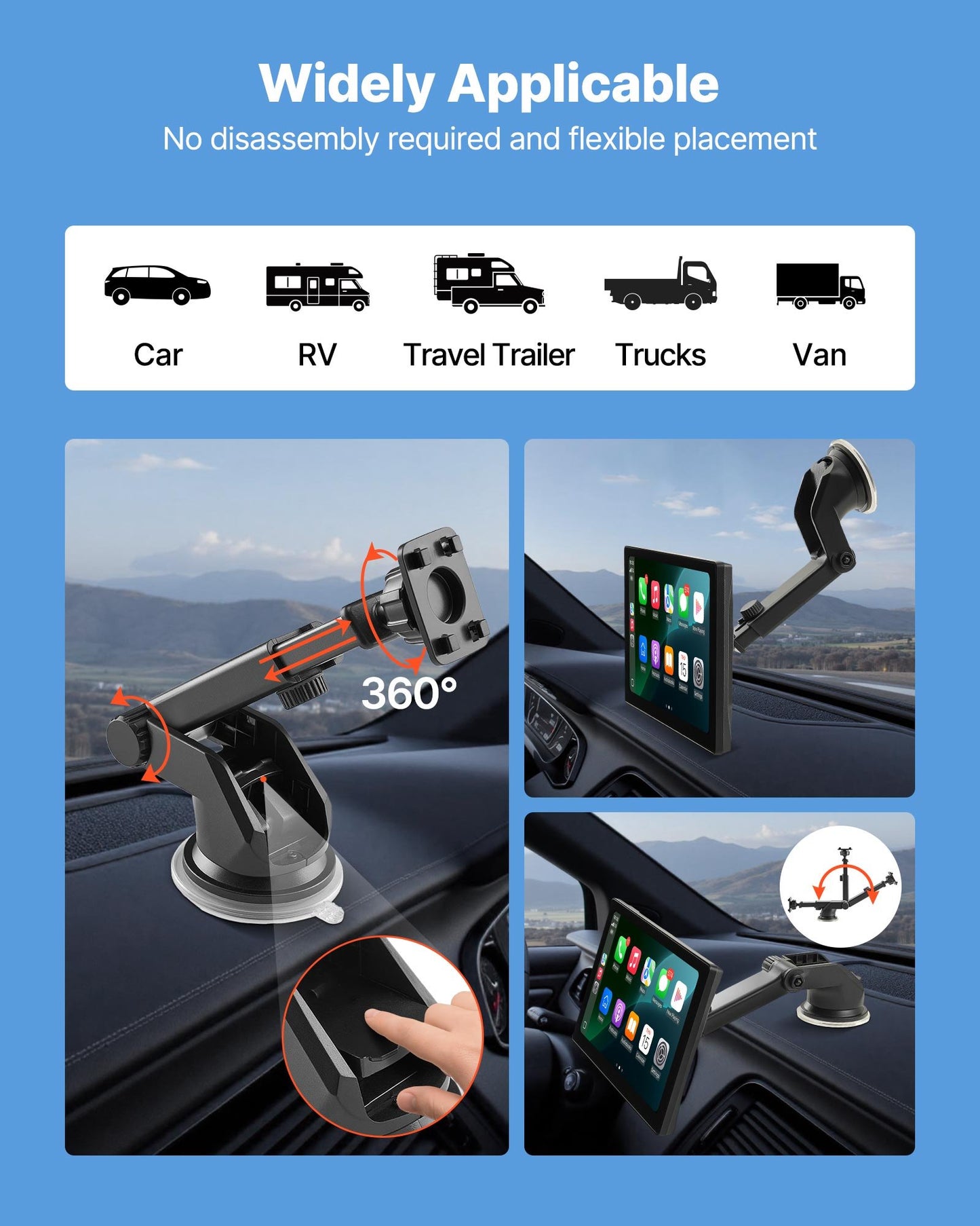 Trådlös bilstereo, 228,6 mm HD bärbar radio med pekskärm, Apple CarPlay och Android Auto, CarPlay-skärm med fram- och backkamera, röststyrning, spegellänk, Bluetooth, GPS-navigering