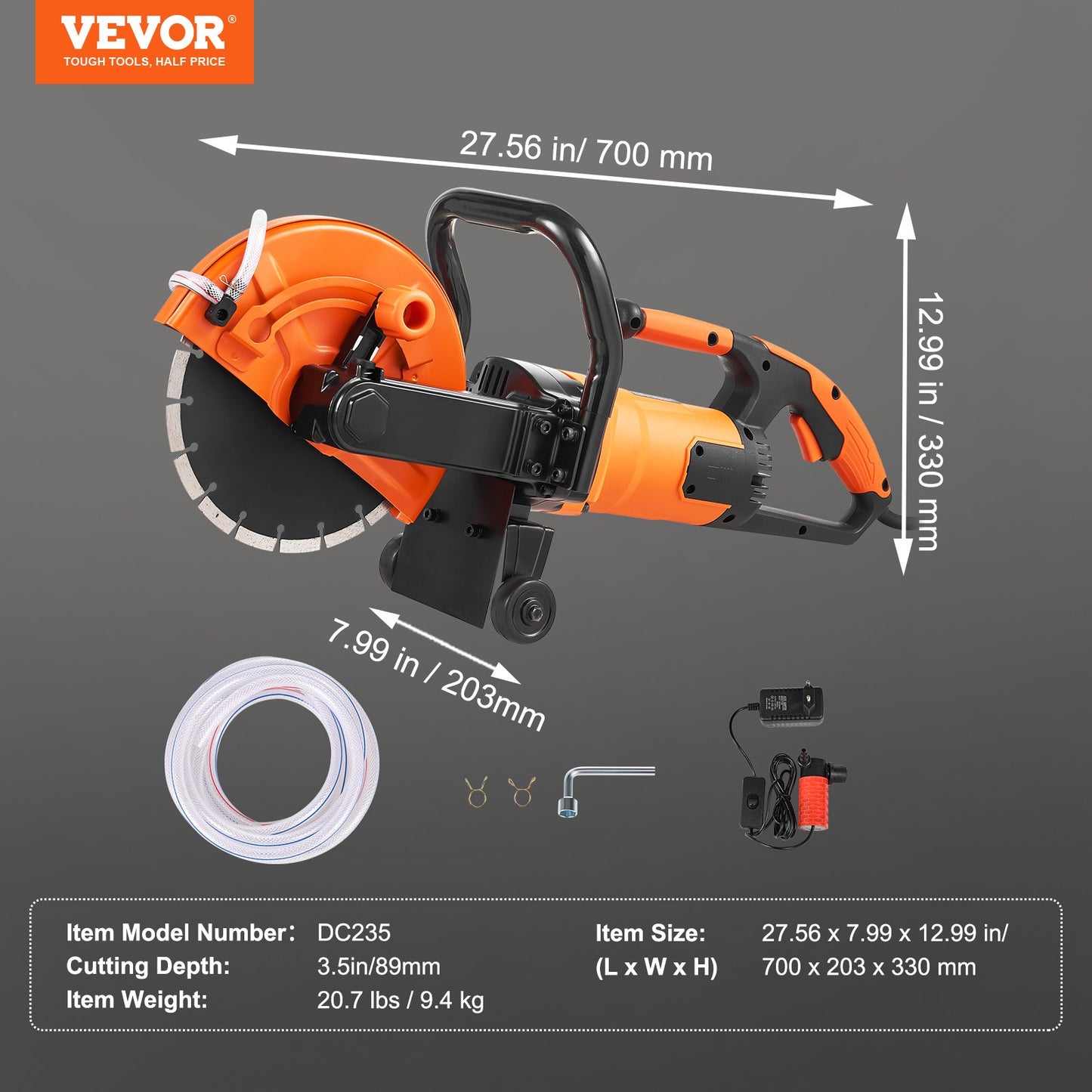 9"/22,9 cm elektrisk betongsåg våt-/torrsåg med vattenpump och blad